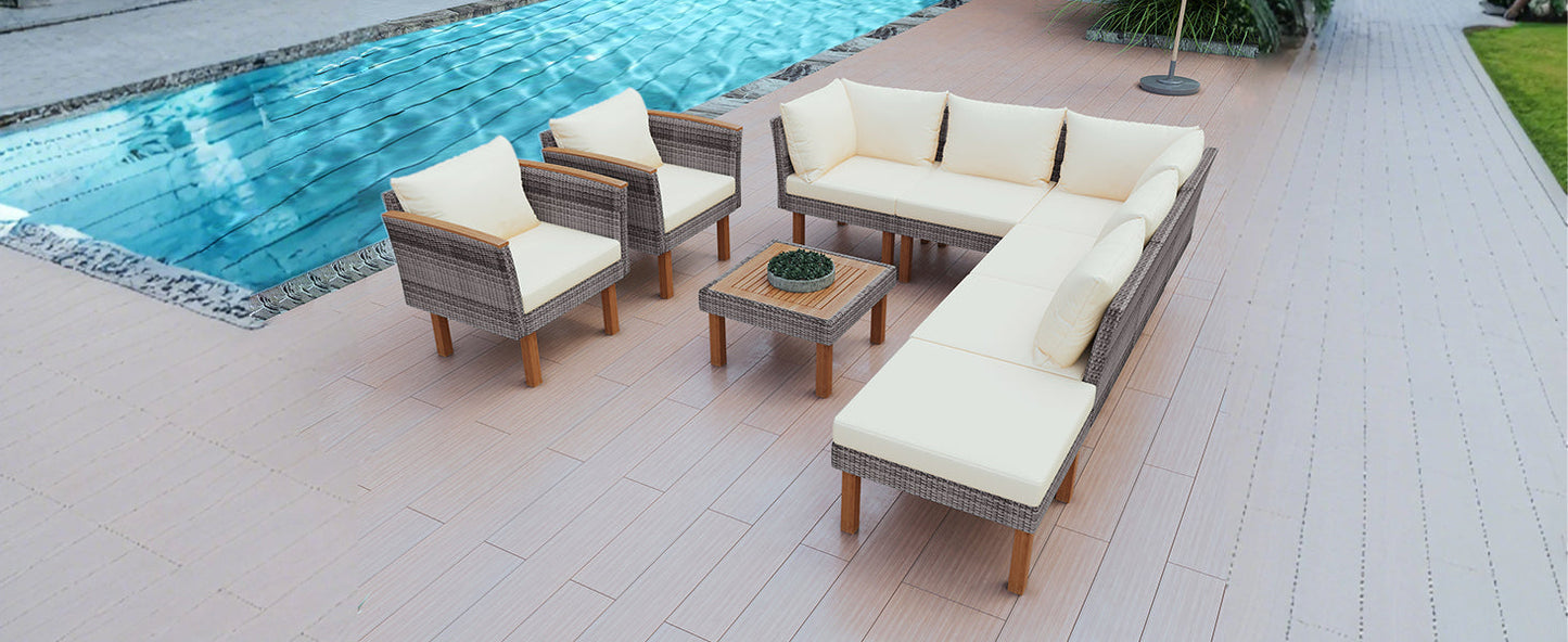 GO 9-Piece Patio Rattan Furniture Set, Outdoor Conversation Set With Acacia Wood Legs and Tabletop, PE Rattan Sectional