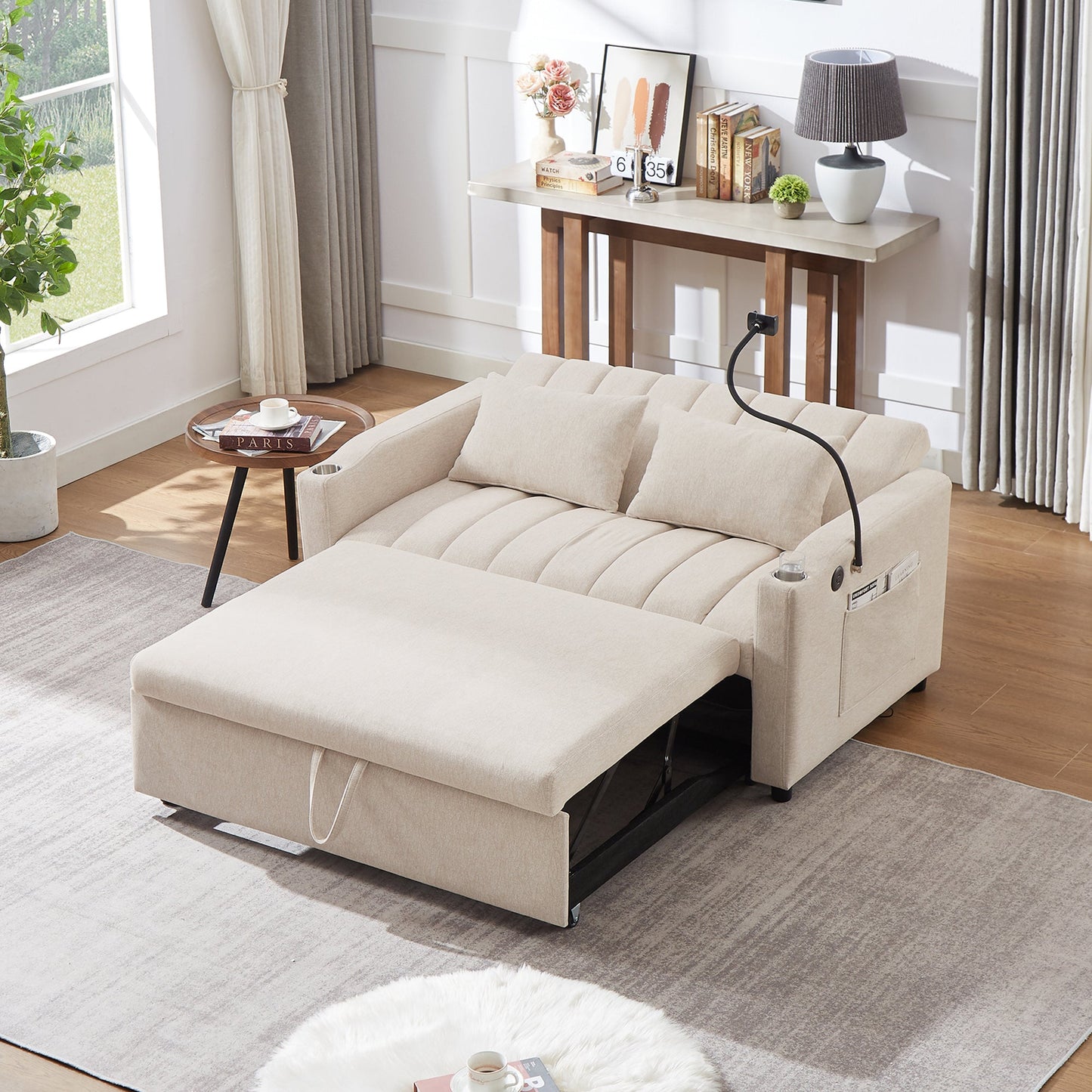 55.9" Convertible Sofa Bed Loveseat Sofa With Three USB Ports, Two Side Pockets, Two Cup Holders