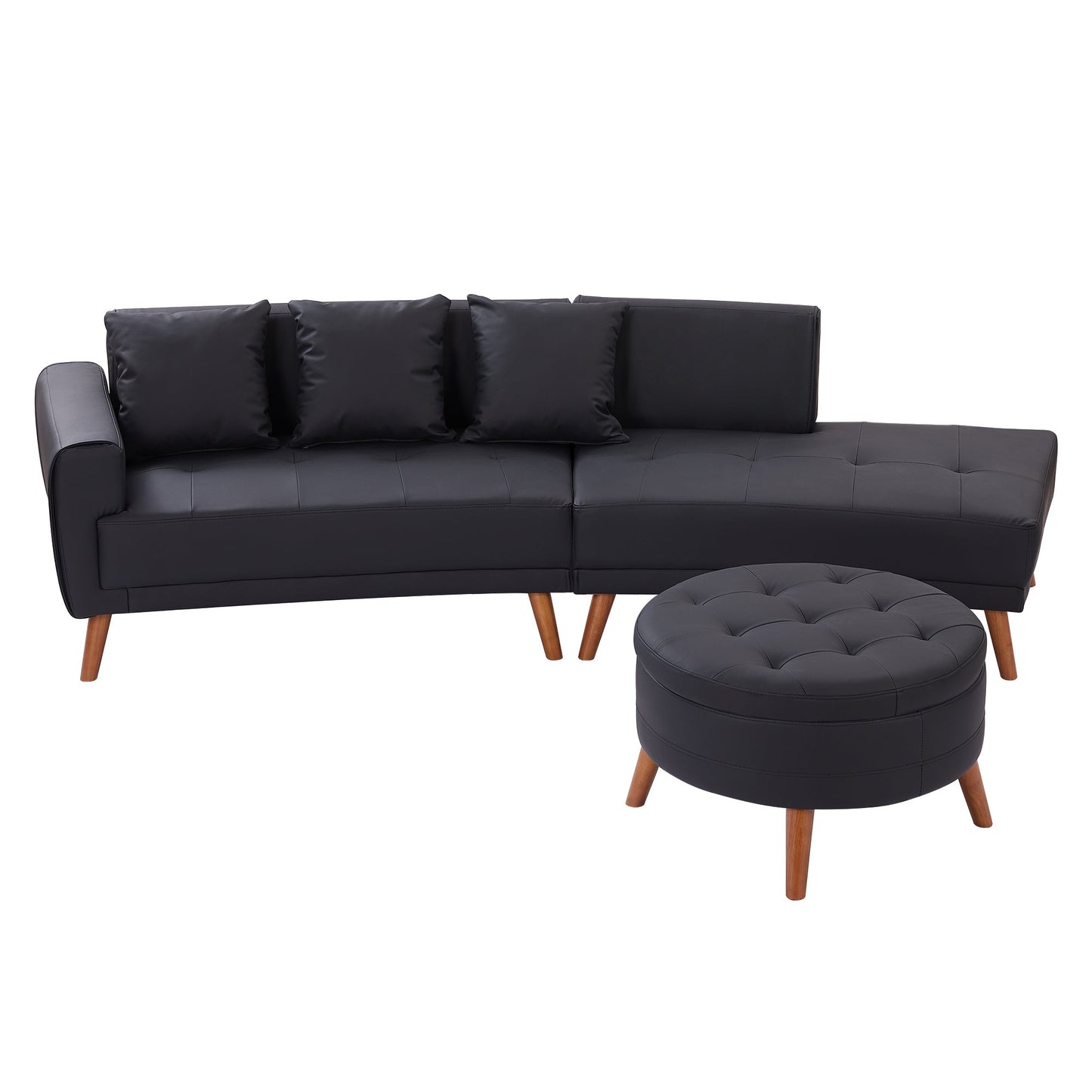107" Contemporary Sofa Stylish Sofa Couch With a Round Storage Ottoman and Three Removable Pillows for Living Room, Black