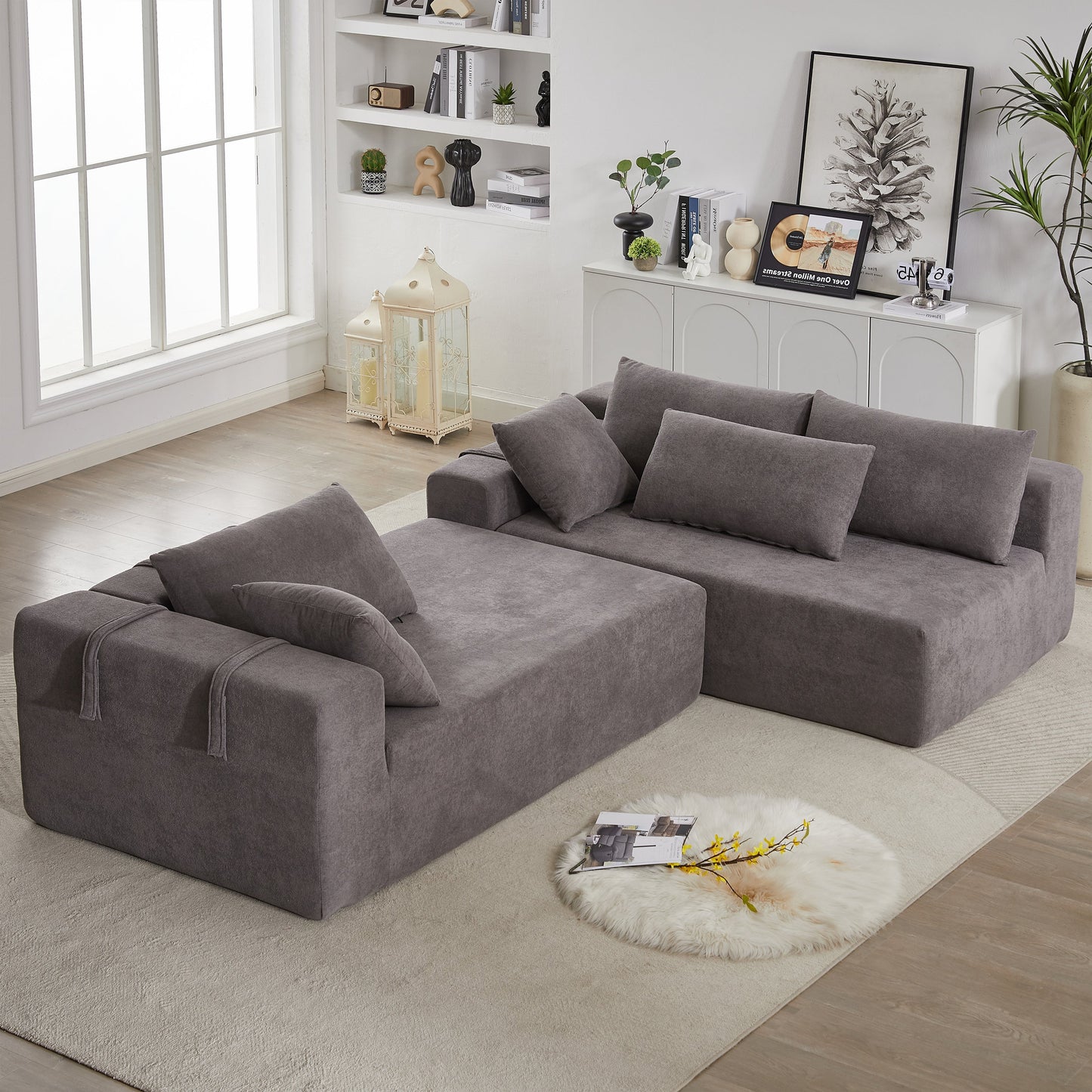 Modern Chenille Upholstered Sectional Sofa Couch Set,Modular 108" L Shaped Sectional Living Room Sofa Set With 6 Pillows
