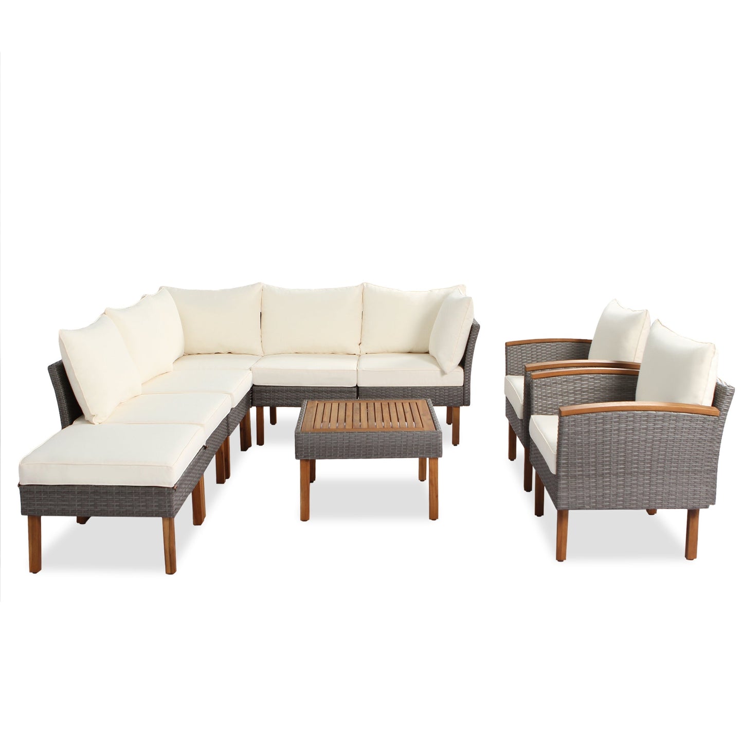 GO 9-Piece Patio Rattan Furniture Set, Outdoor Conversation Set With Acacia Wood Legs and Tabletop, PE Rattan Sectional