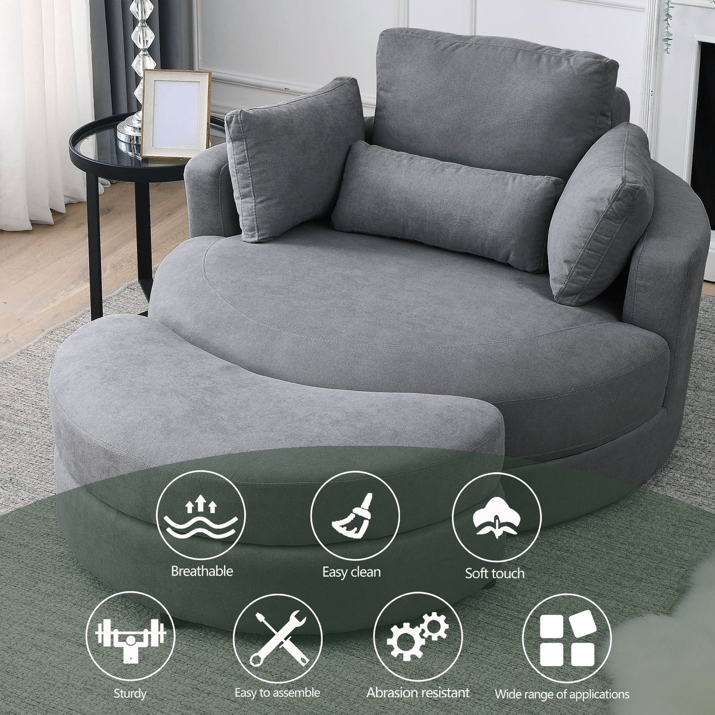 Swivel Accent Barrel Modern Dark Grey Sofa Lounge Club Big Round Chair With Storage Ottoman Linen Fabric for Living Room