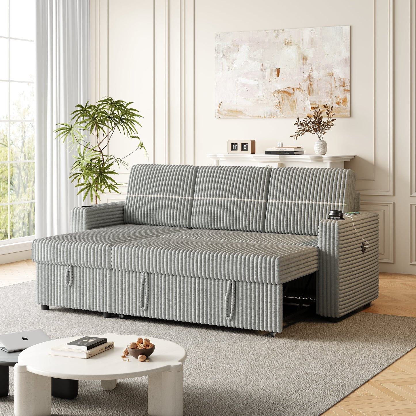 85 Inches Corduroy Sofa Bed, 3 Seater Sleeper Sofa With Storage Chaise, Square Handrail With Two Cup-Holder and USB Charger