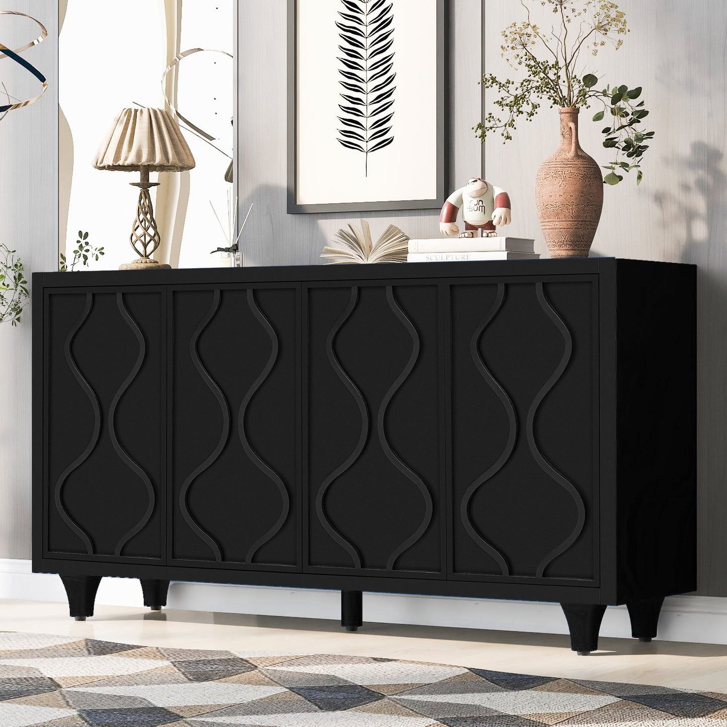 Stylish Storage Cabinet Sideboard Wooden Cabinet With Embossed Curved Doors,Suitable for Living Rooms