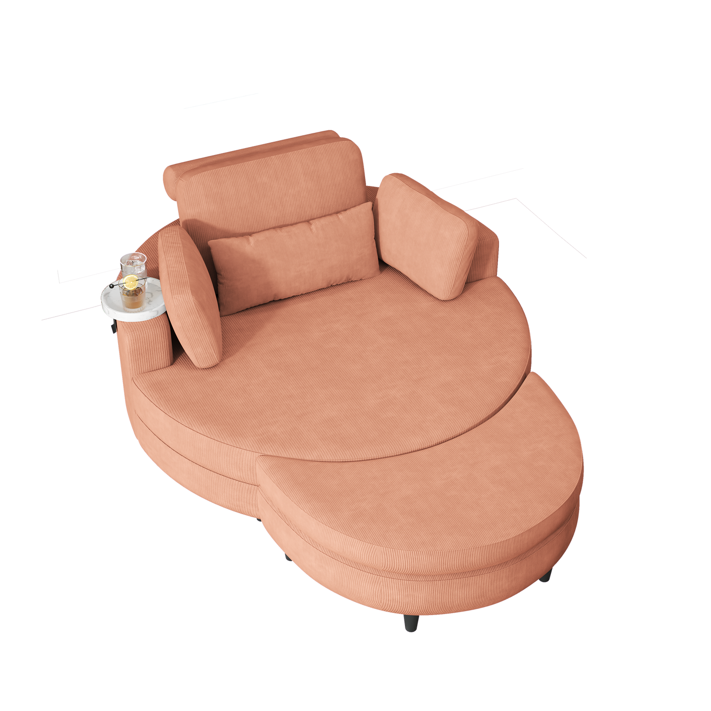 A 51-Inch Orange Corduroy Sofa With Two Throw Pillows, a Waist Pillow and an Extra Tray Is Comfortable