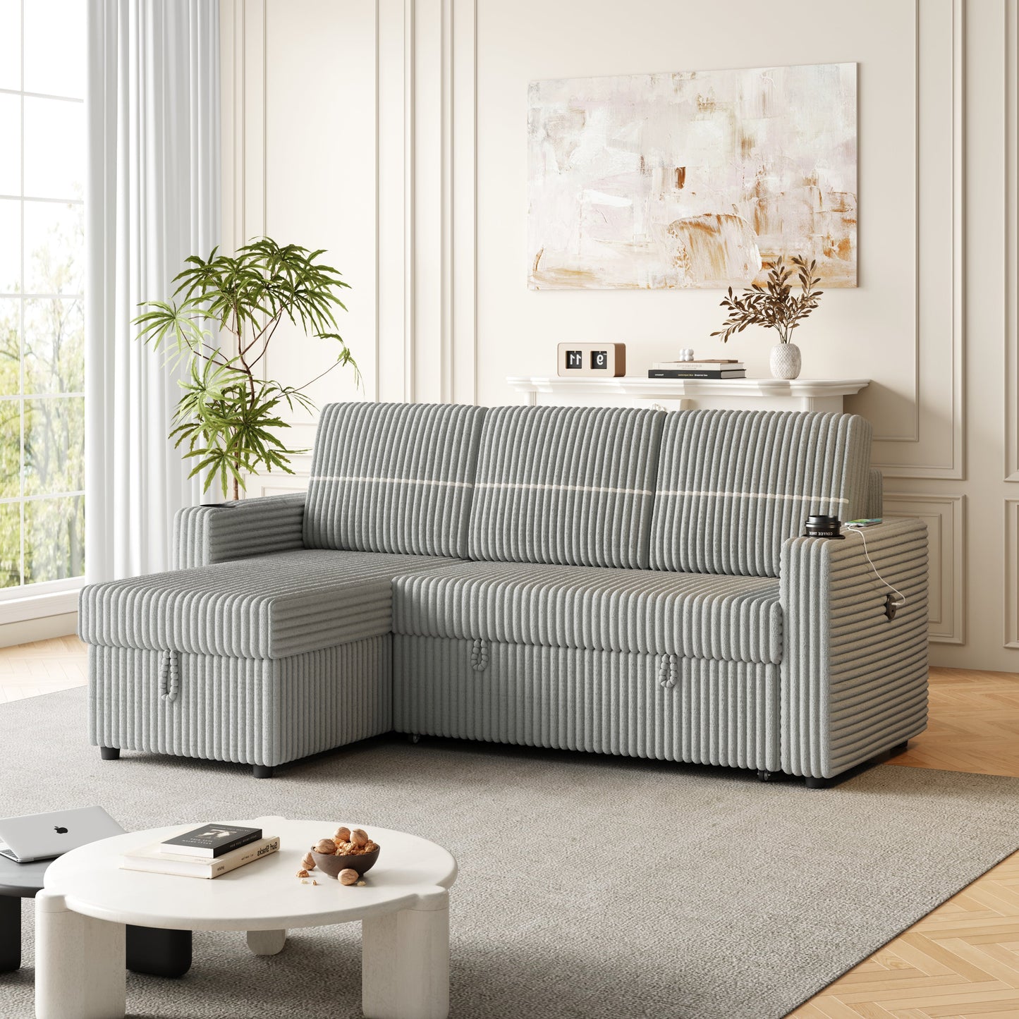 85 Inches Corduroy Sofa Bed, 3 Seater Sleeper Sofa With Storage Chaise, Square Handrail With Two Cup-Holder and USB Charger