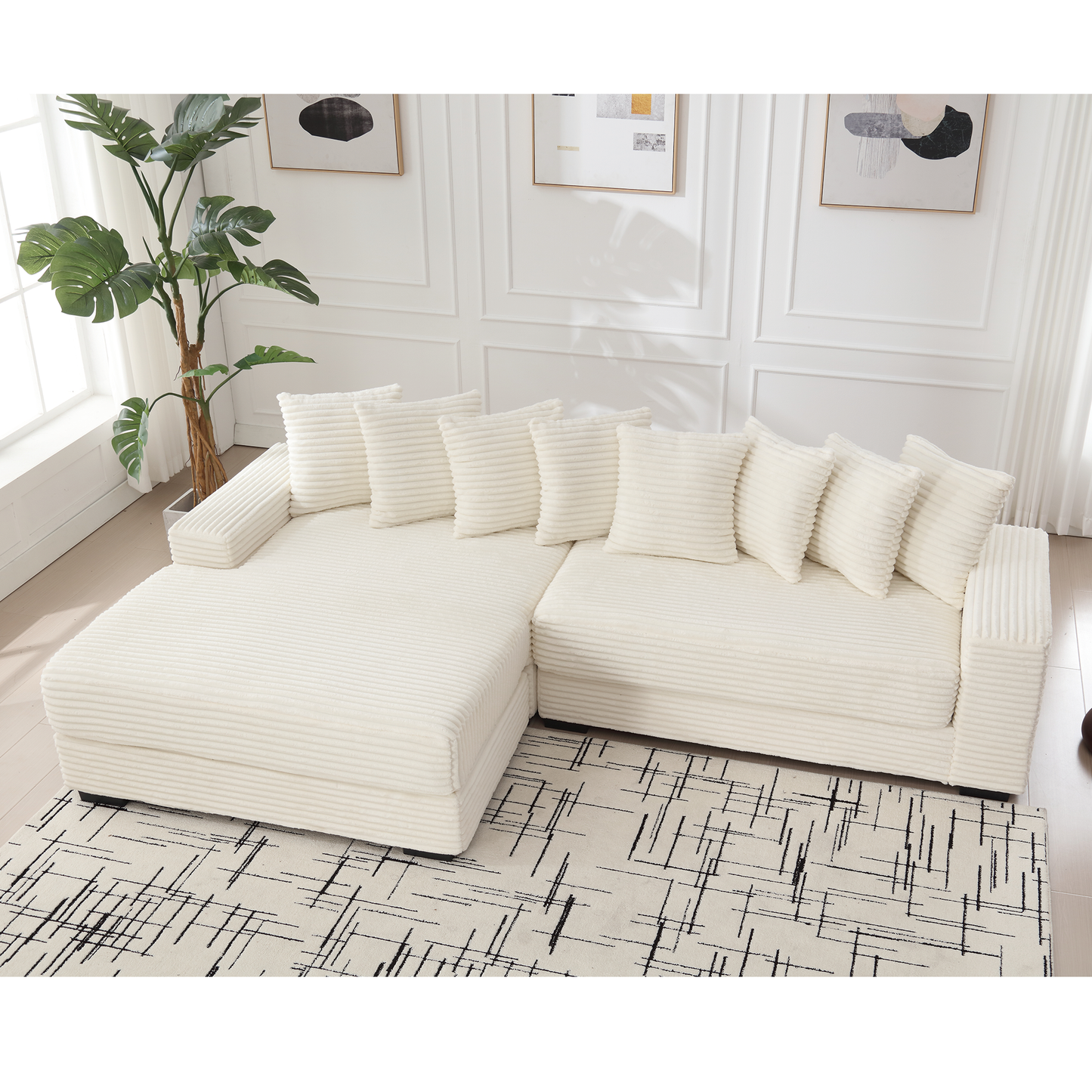 Oversized Two-Piece Couches, L Shaped Sofa, Corduroy, Left Chaise Daybed,with Armrests,Eight Throw Pillows,Corner Sofa