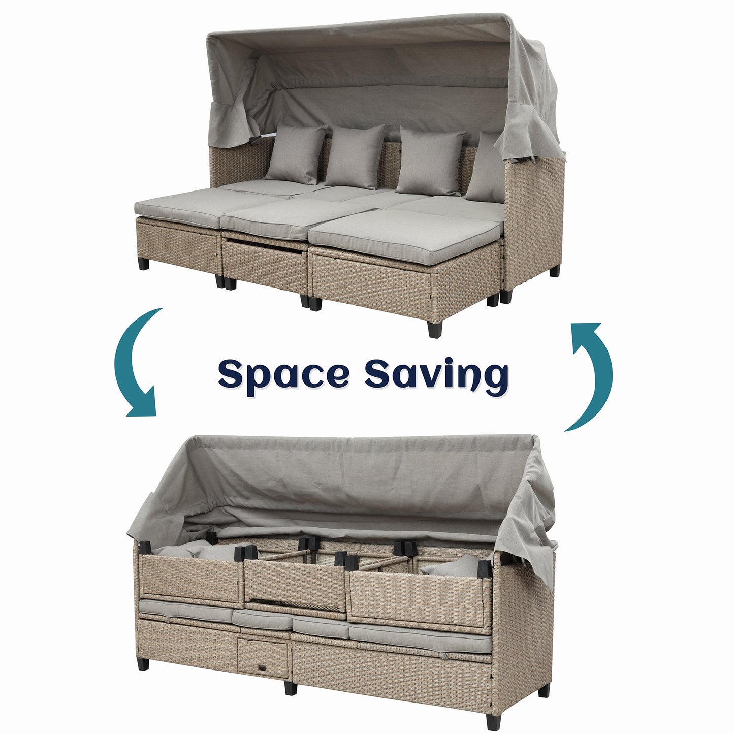 4 Piece UV-Proof Resin Wicker Patio Sofa Set With Retractable Canopy, Cushions and Lifting Table,Brown
