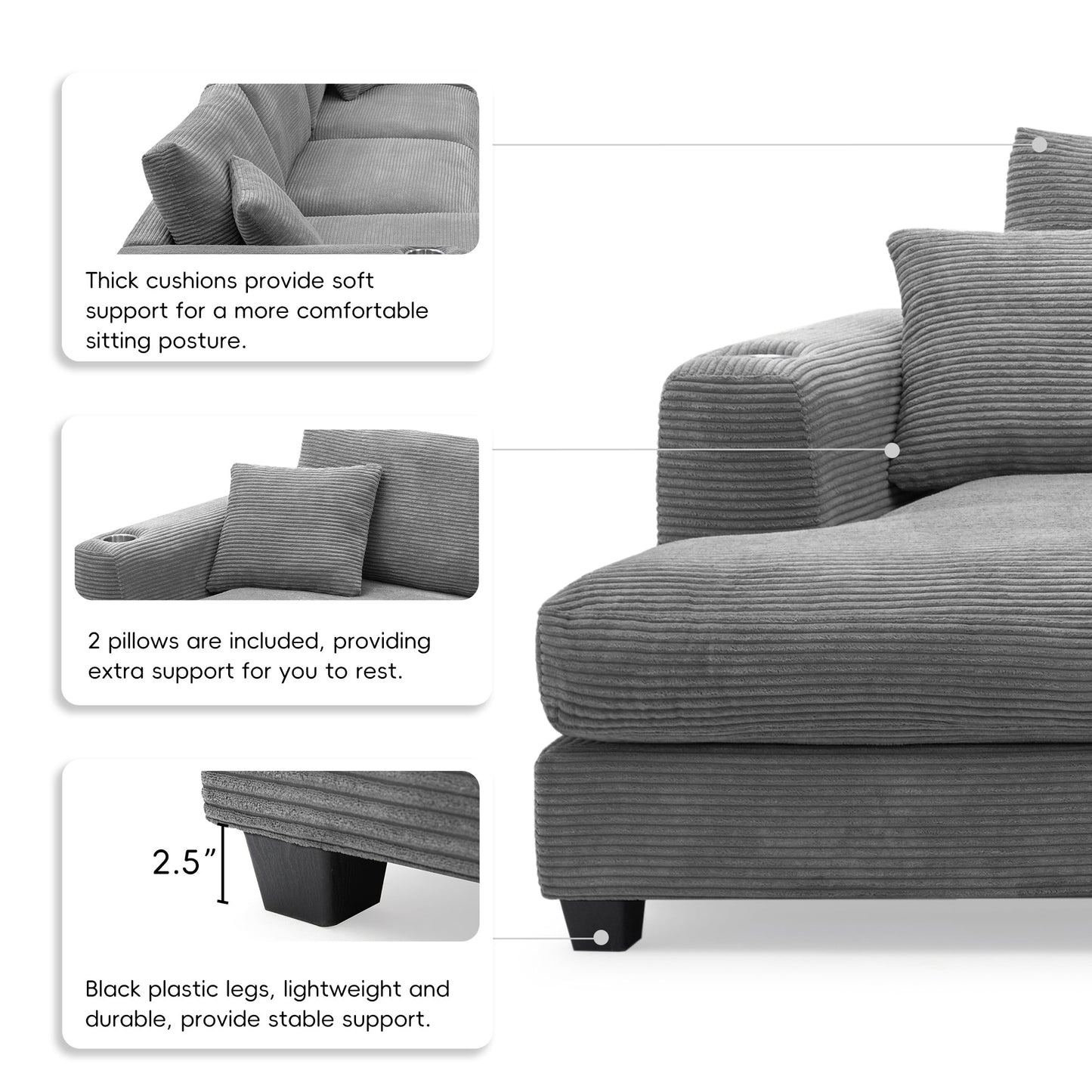 134*54"Oversized Corduroy Sectional Sofa,L Shaped Cloud Couch With USB Charging Port,Cup Holder,Deep Seat Sofa Bed