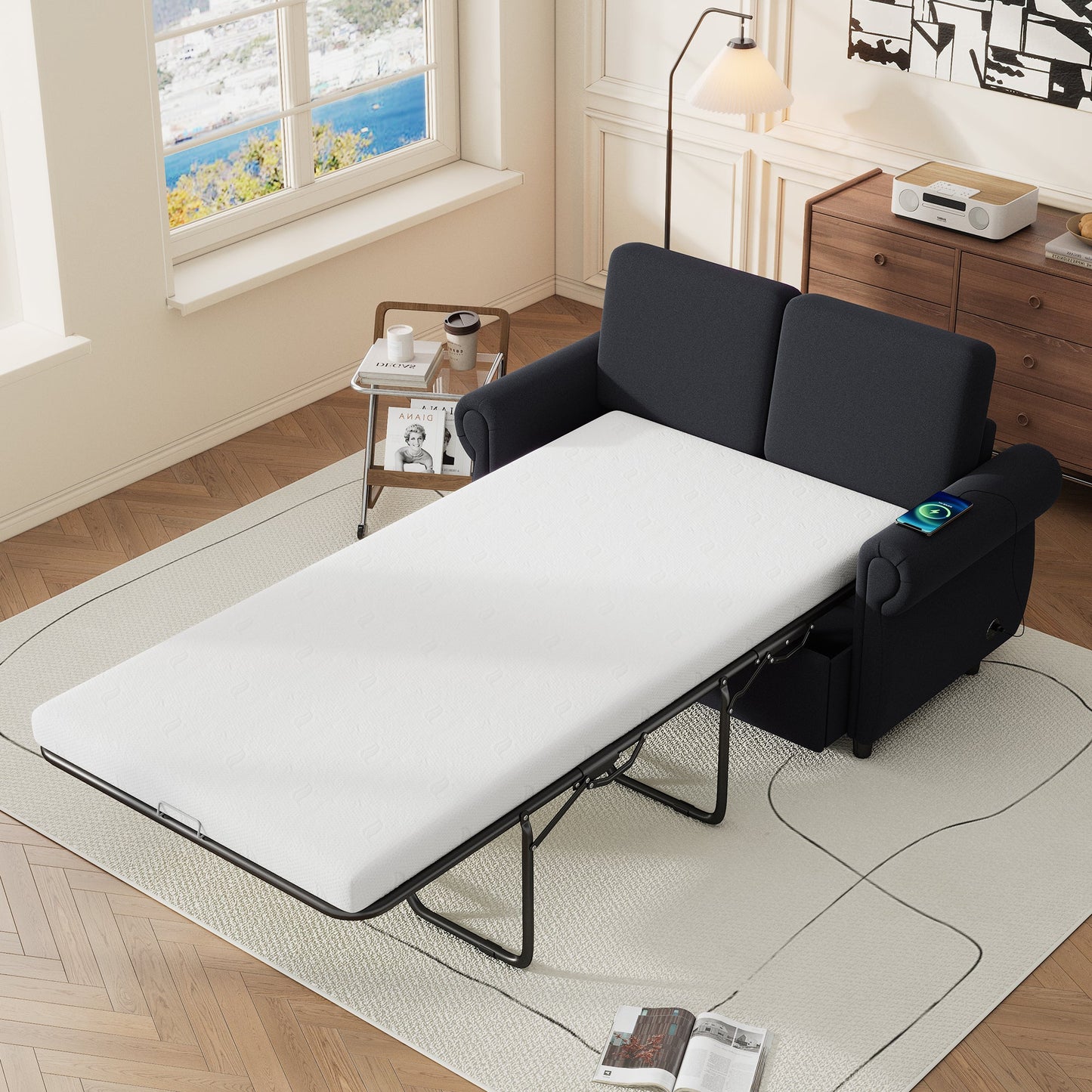 57.9" Pull Out Sofa Bed Loveseat Sleeper With Twin Size Memory Mattress With Two USB Ports for Living Room Spaces, Black