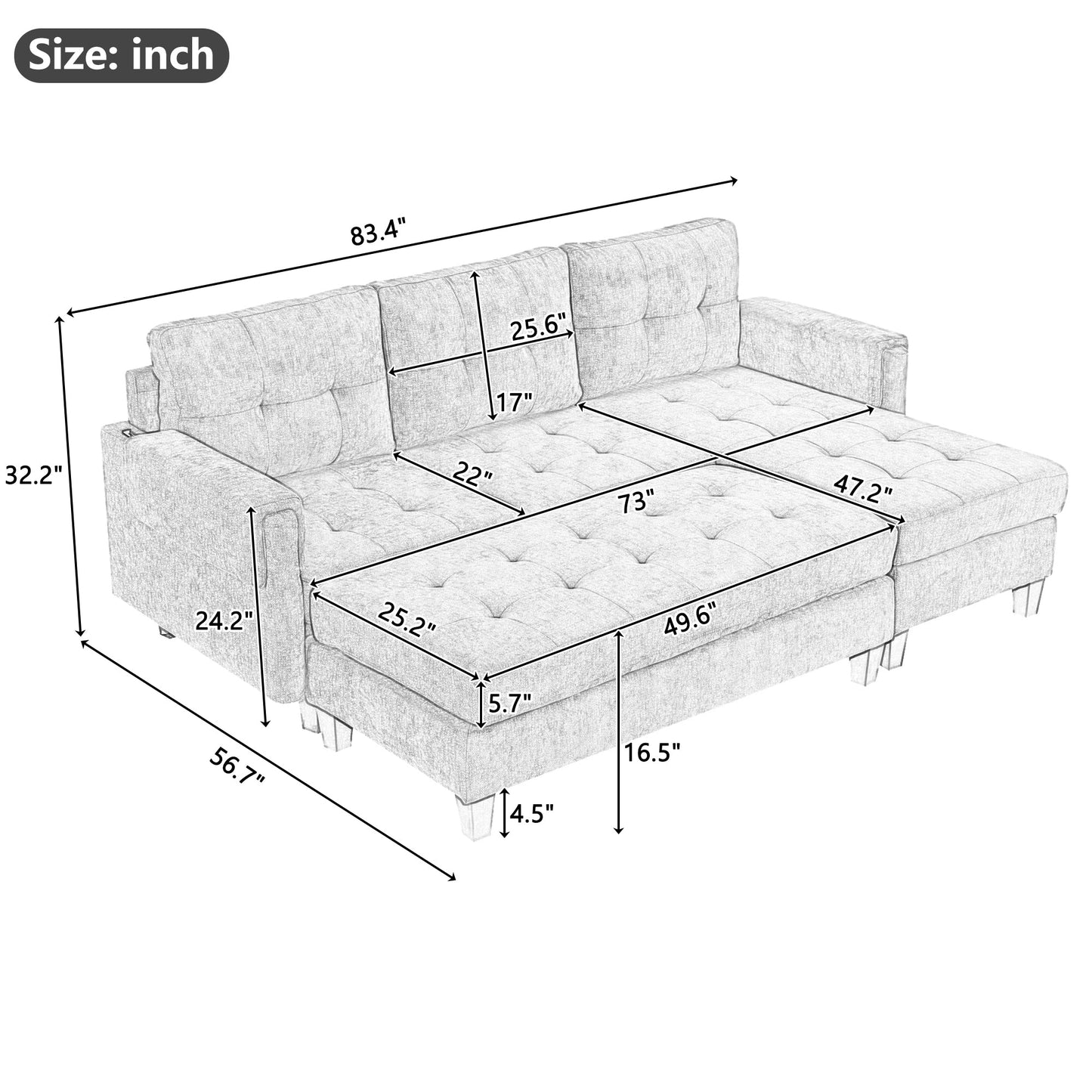 83.4" L-Shaped Sofa Sectional Couch Sofa Bed With Two USB Ports, a Movable Ottoman and a Reversible Chaise Lounge