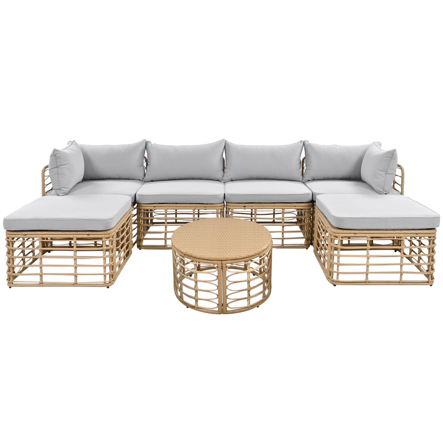 7 Pieces Outdoor Patio Furniture, All-Weather Rattan Sectional Sofa Set With Thick Cushions and Pillows, Freely Combined