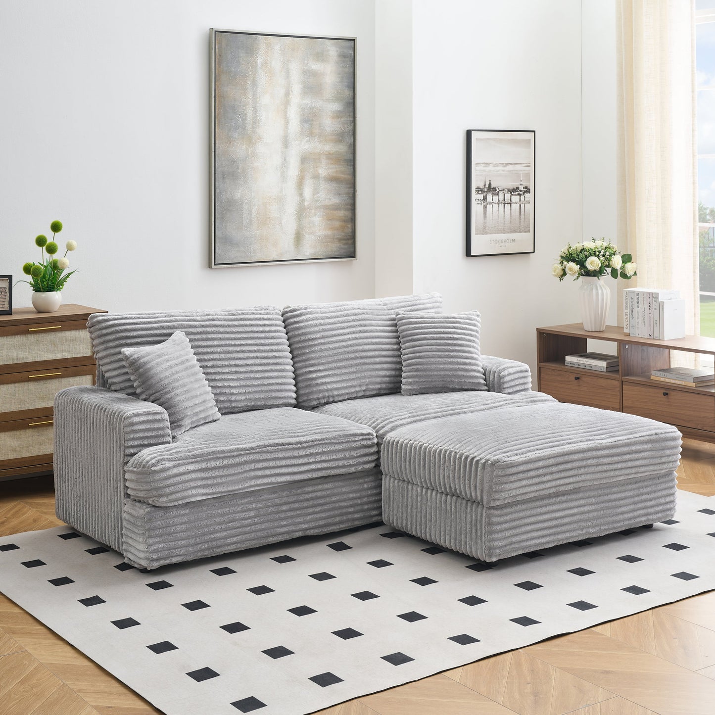82 Inches Gray Corduroy Sofa, Storage Feet +4 Throw Pillows, Create a Living Room, Office Fashion New Darling