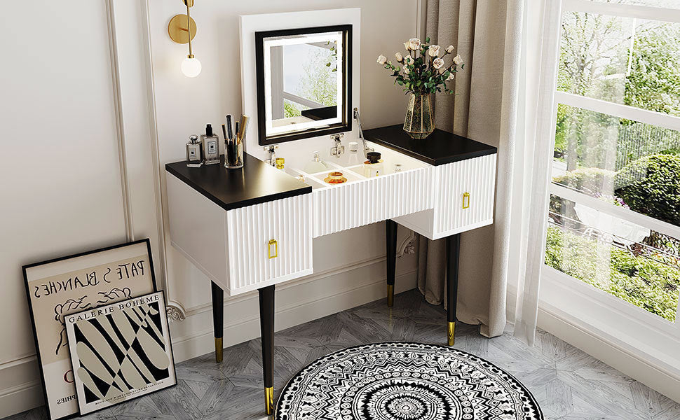 43.3" Modern Vanity Table Set With Flip-Top Mirror and LED Light, Dressing Table With Customizable Storage
