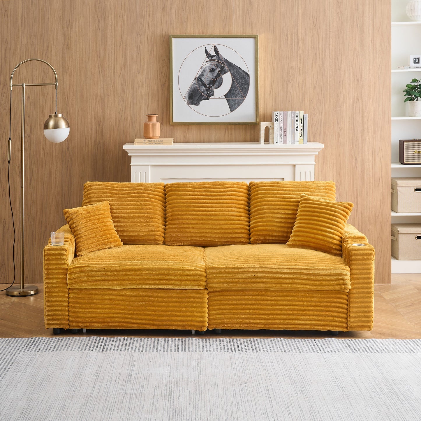 An 80-Inch Two-In-One Pull-Out, Foldable and Hidden Chaise Longue Orange Corduroy Sofa With Cup Holders and Pillows