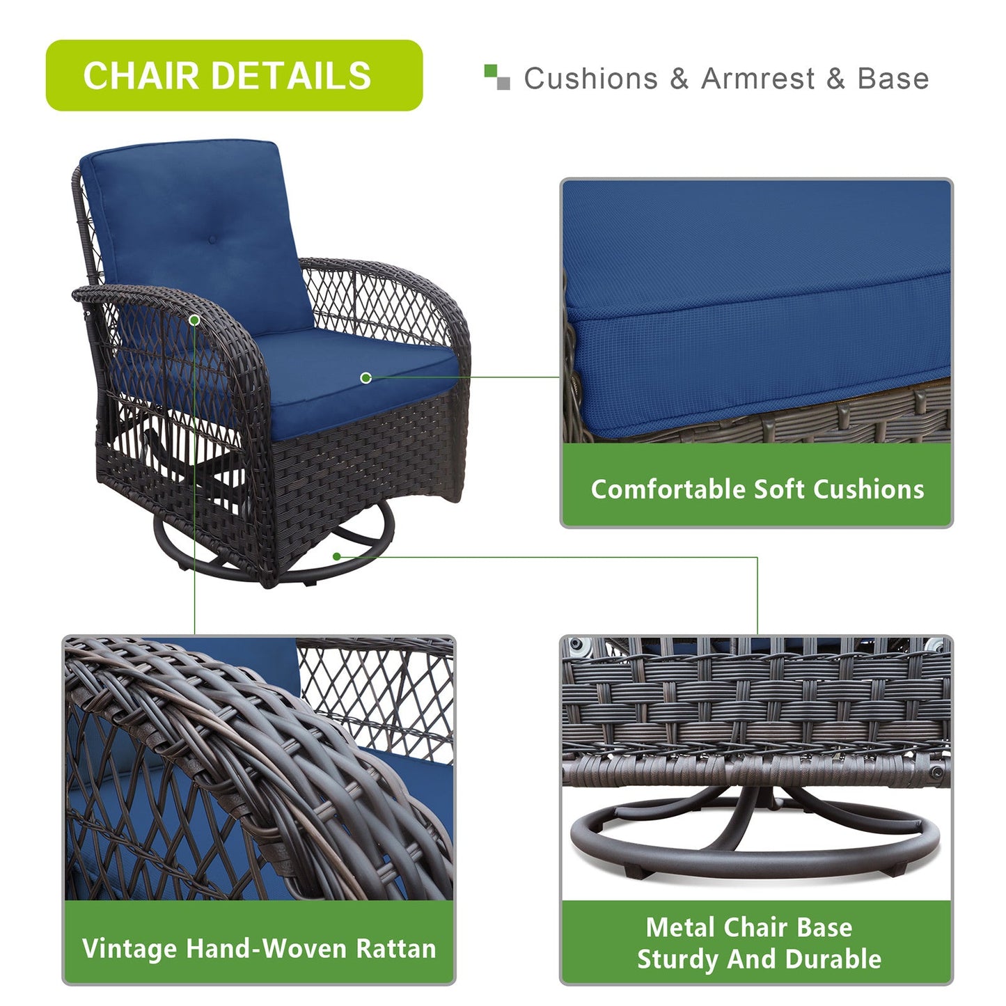 360-Degree Patio Wicker Swivel Rocker Chairs Set; Outdoor Rattan Rocking Bistro Sets With Cushions and Table