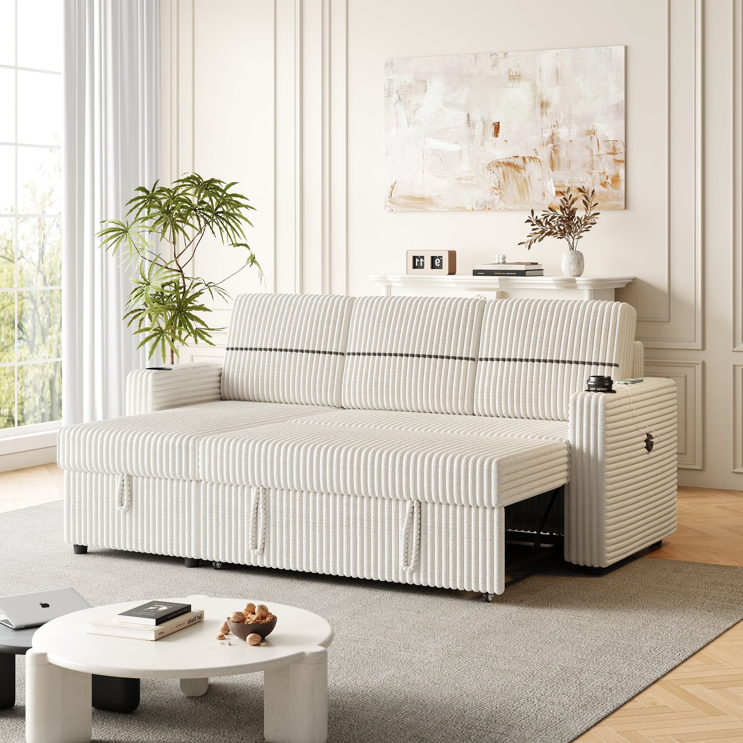 85 Inches Corduroy Sofa Bed, 3 Seater Sleeper Sofa With Storage Chaise, Square Handrail With Two Cup-Holder and USB Charger