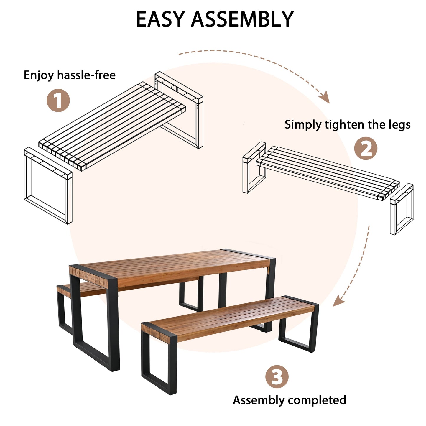 3-Pieces Outdoor Dining Table With 2 Benches, Patio Dining Set With Unique Top Texture, Acacia Wood Top & Steel Frame