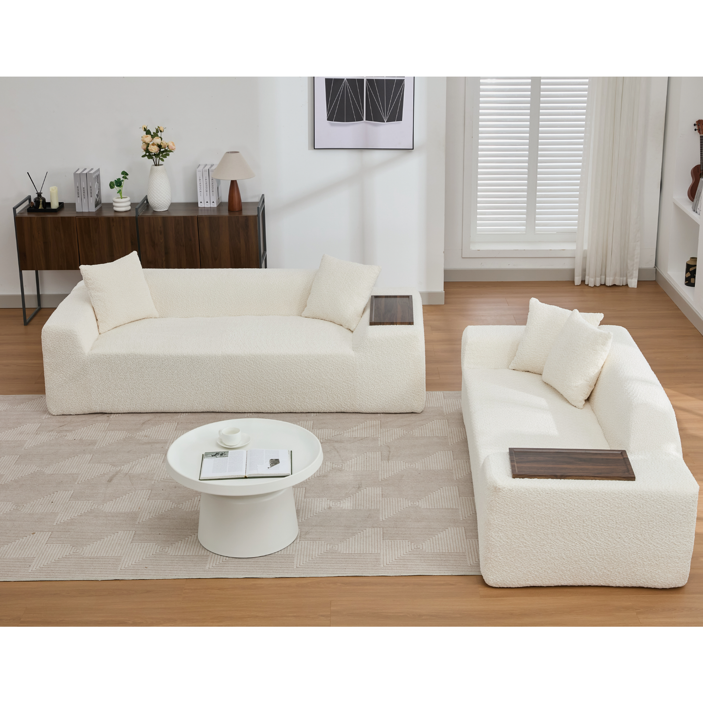 2 Piece Boucle Cloud Sofa Set, Upholstered Sofa Set, Modern 3 Seater and 2 Seater Sofa With MDF End Table for Living Room