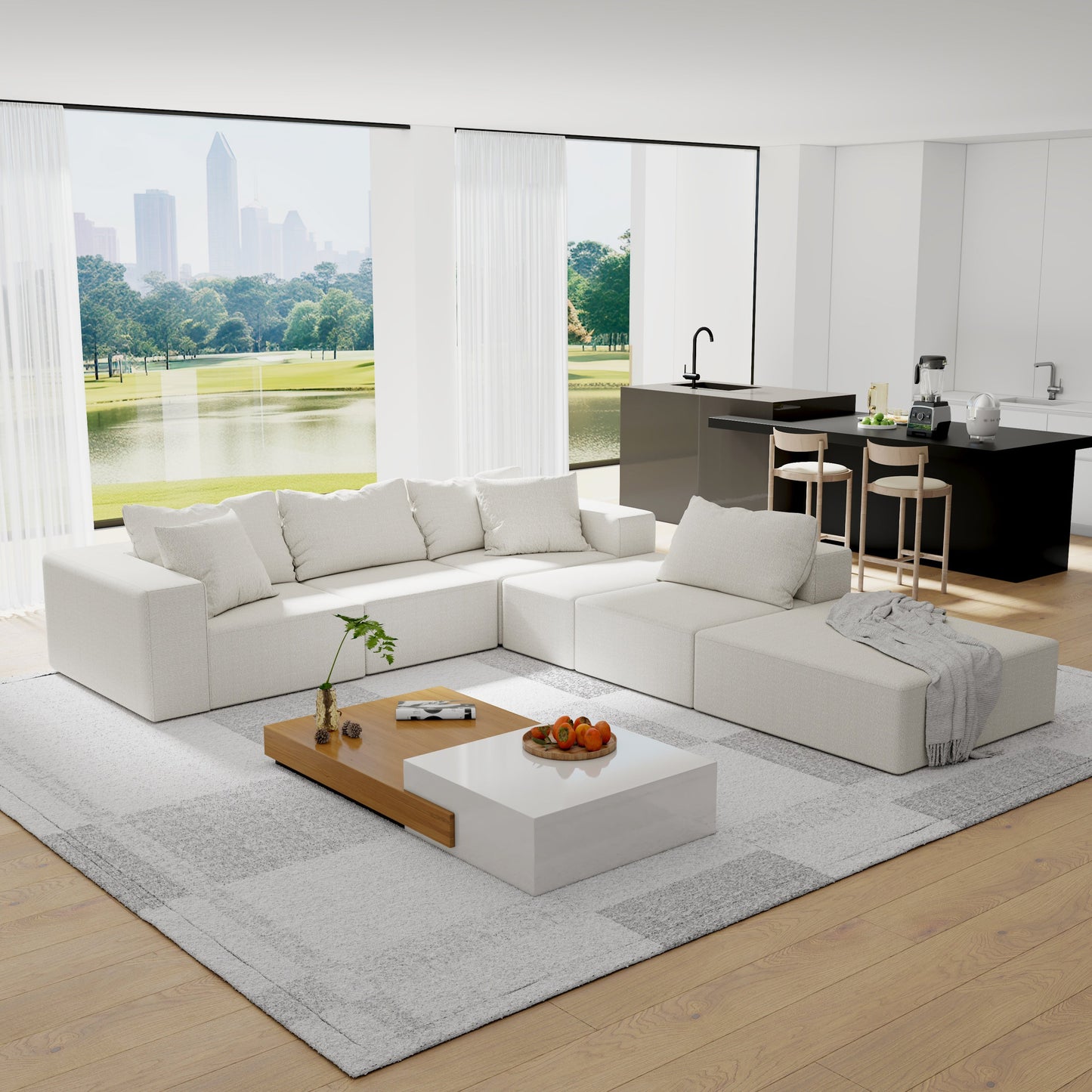 Modern Upholstered Sectional Sofa Couch Set,Modular 132" L Shaped Sectional Living Room Sofa Set With 6 Pillows,Free Com