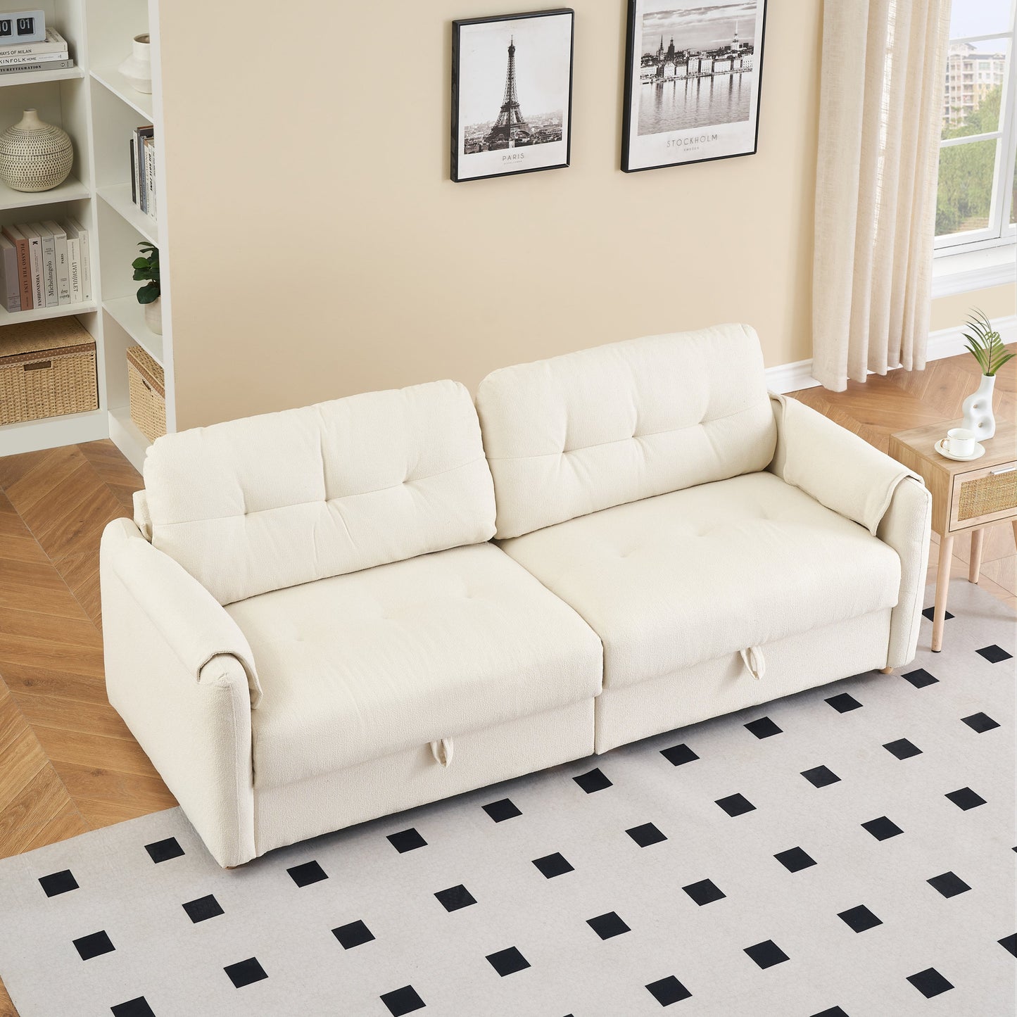 79.50 Inches Long, Teddy Cotton Linen Sofa Fabric, With Metal Conical Long Legs, Metal Strip Matching, Stylish