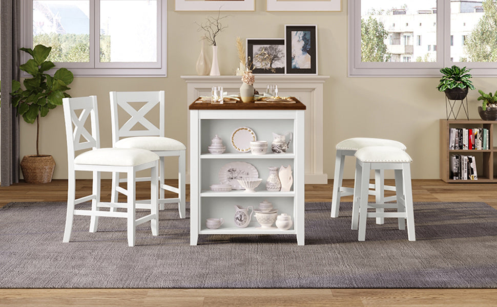 5 Pieces Counter Height Rustic Farmhouse Dining Room Wooden Bar Table Set With 2 Stools and 2 Chairs, White