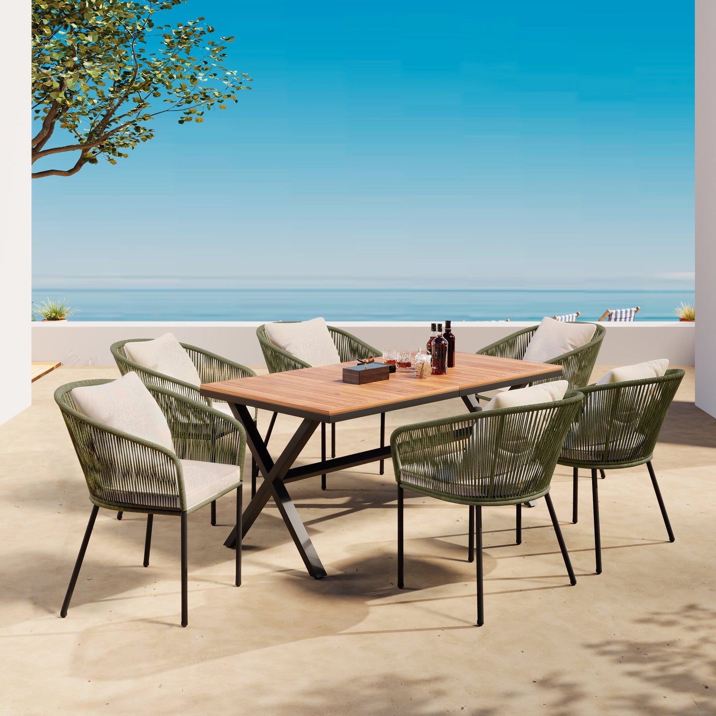 7 Pieces Patio Dining Set, All-Weather Outdoor Furniture Set With Dining Table and Chairs, Acacia Wood Tabletop