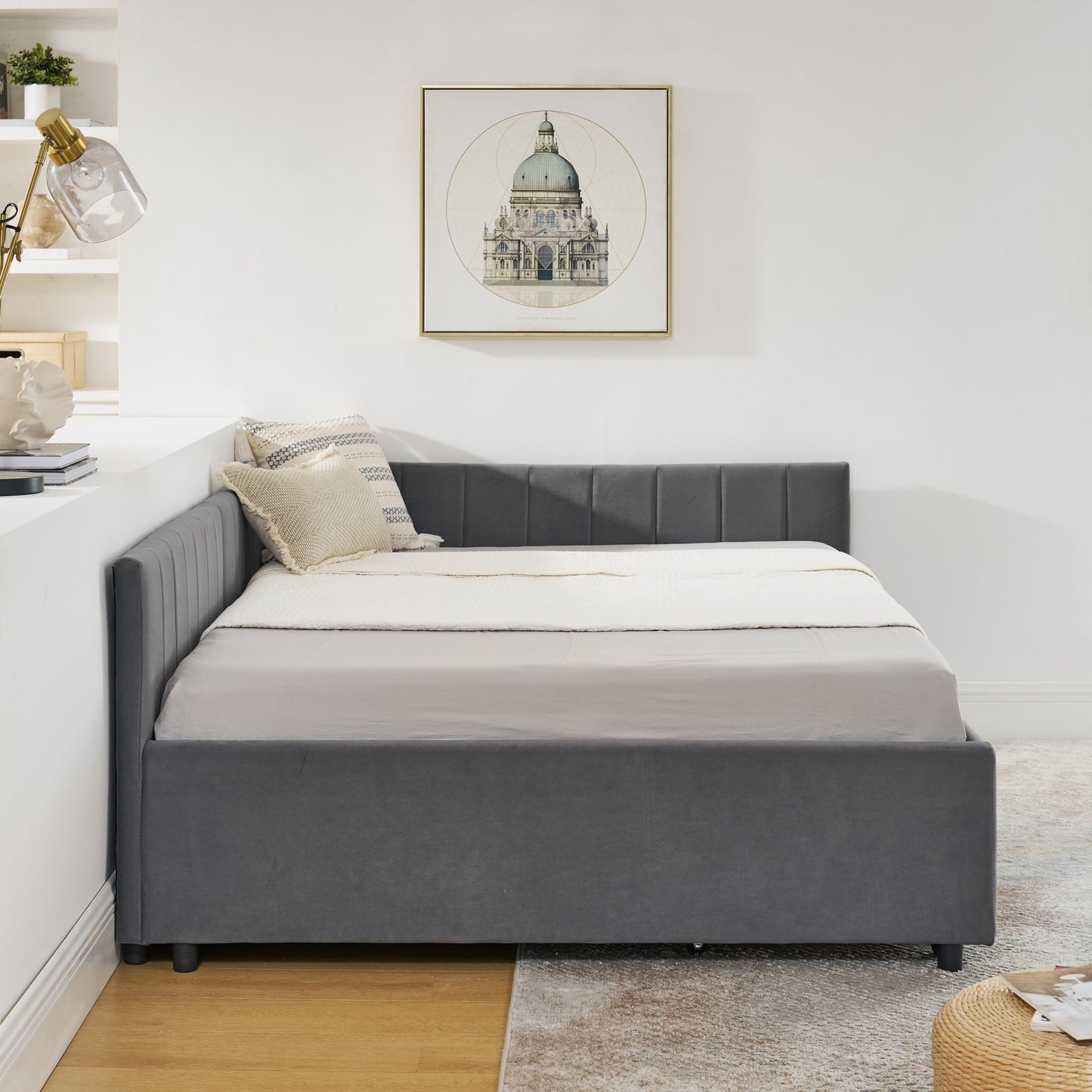 Full Size Upholstered Tufted Bed Frame With Two Drawers, Sofa Bed Frame With Comfortable Backrest and Armrests, Velvet