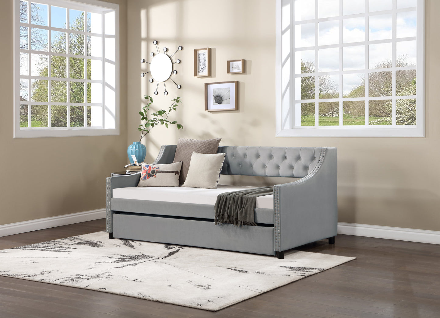 Daybed With Trundle Upholstered Tufted Sofa Bed, With Button and Copper Nail on Arms,full Size Grey