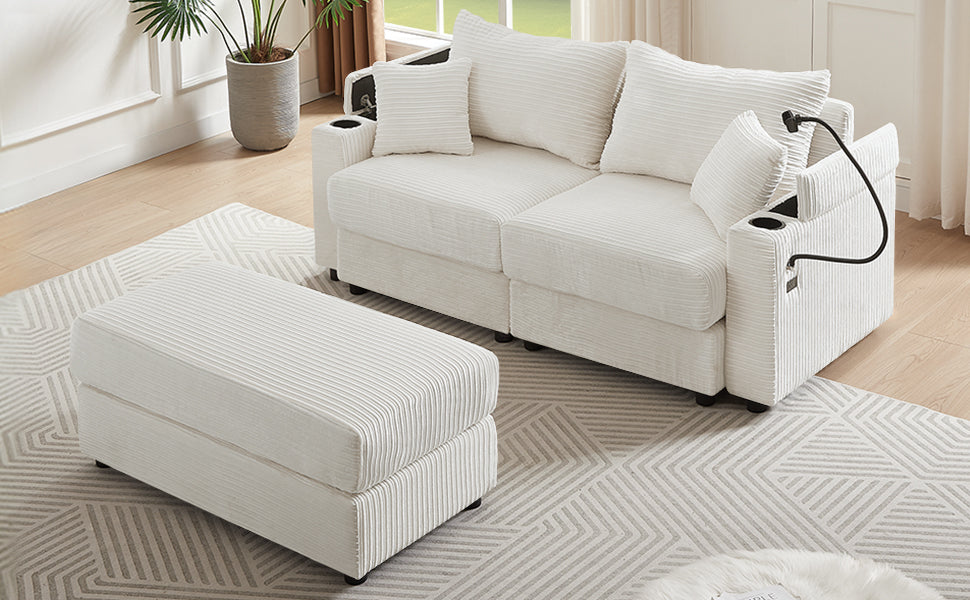 72.8" Modern Style Loveseat Sofa Sectional Sofa Couch With Storage Space, a Movable Ottoman, Two USB Ports, Two Cup Hold