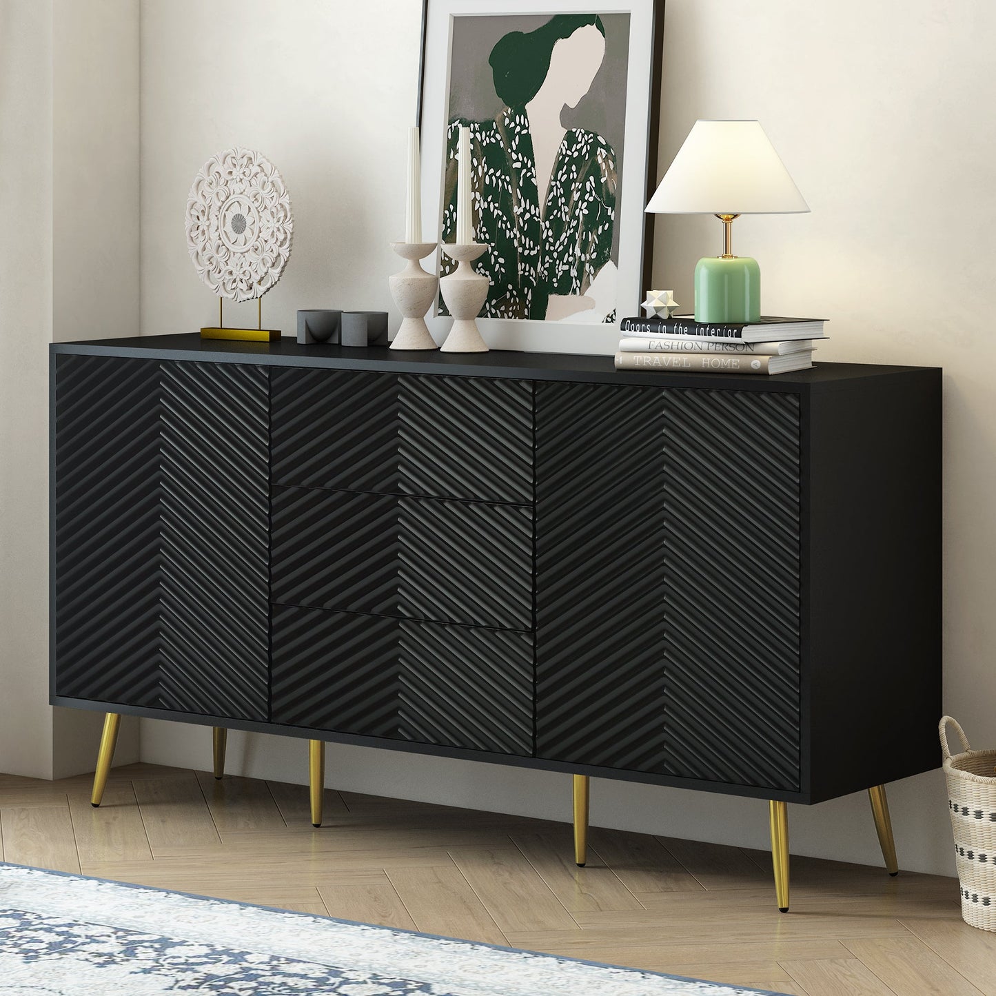 Modern Sideboard With Geometric Line Design, Conical Metal Legs, and Central Drawers for Stylish Storage