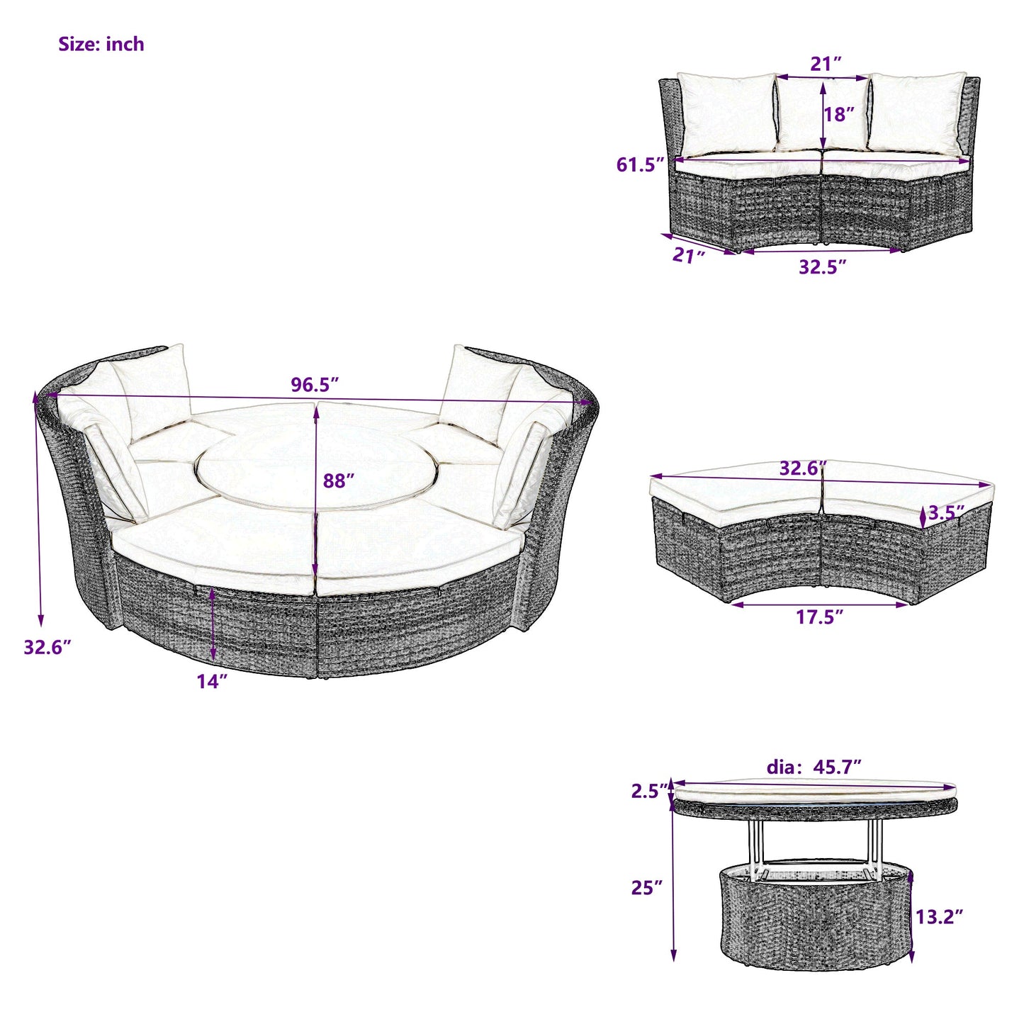 Patio 5-Piece Round Rattan Sectional Sofa Set All-Weather