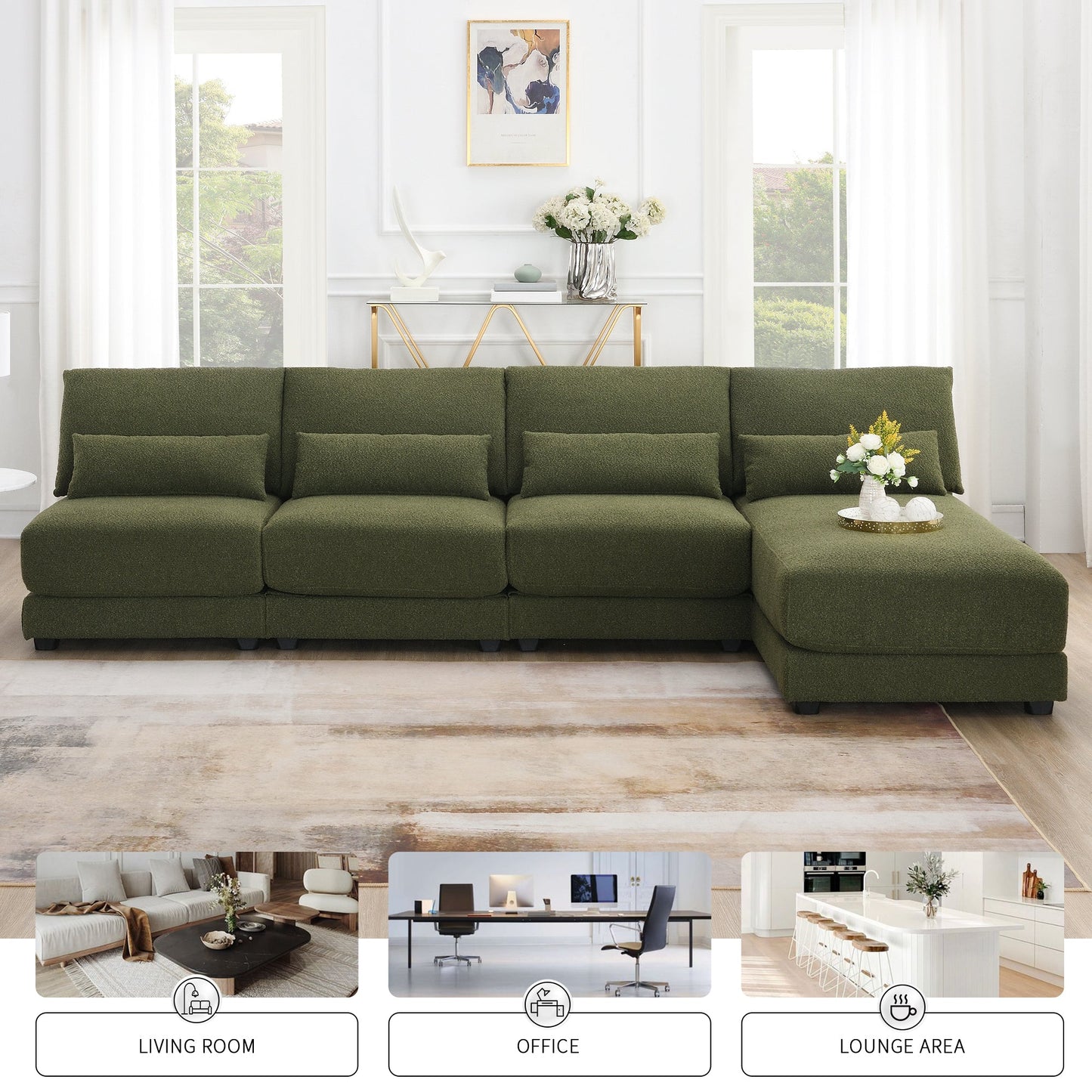 120*61" Oversized Deep Seat Sectional Sofa With Reversible Chaise,Loop Yarn Fabric 5-Seat Armless Indoor Furniture