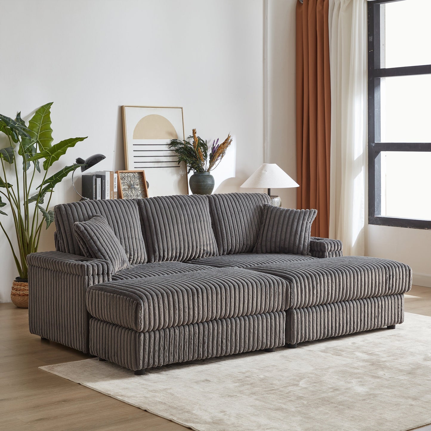 84Inch Corduroy 3-Seater Sofa With 3 Back Pillows ,2 Toss Pillows , a Ottoman ,2storage Spaces and Cup-Holding Grooves