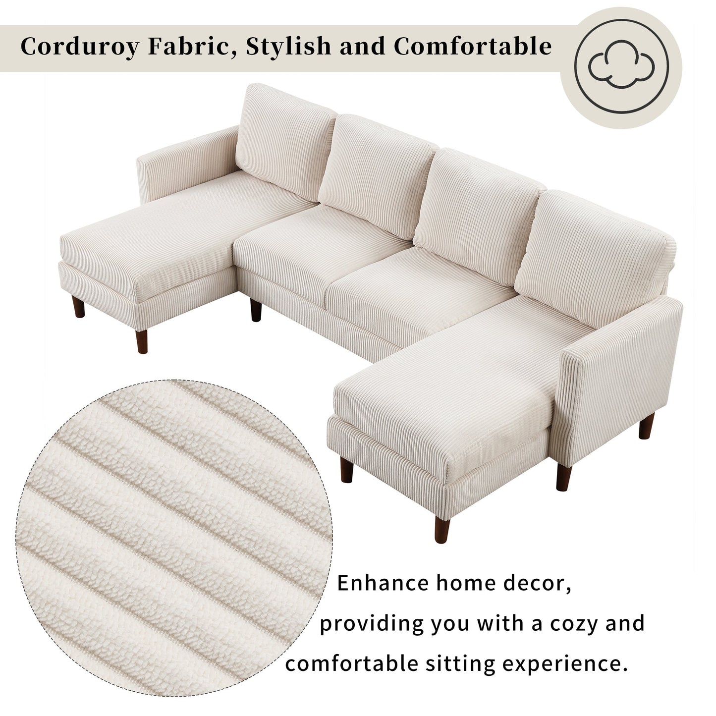 U-Shaped Sponge-Filled Cushion Combination Sofa, Suitable for Living Rooms, Studies, and Spacious Spaces