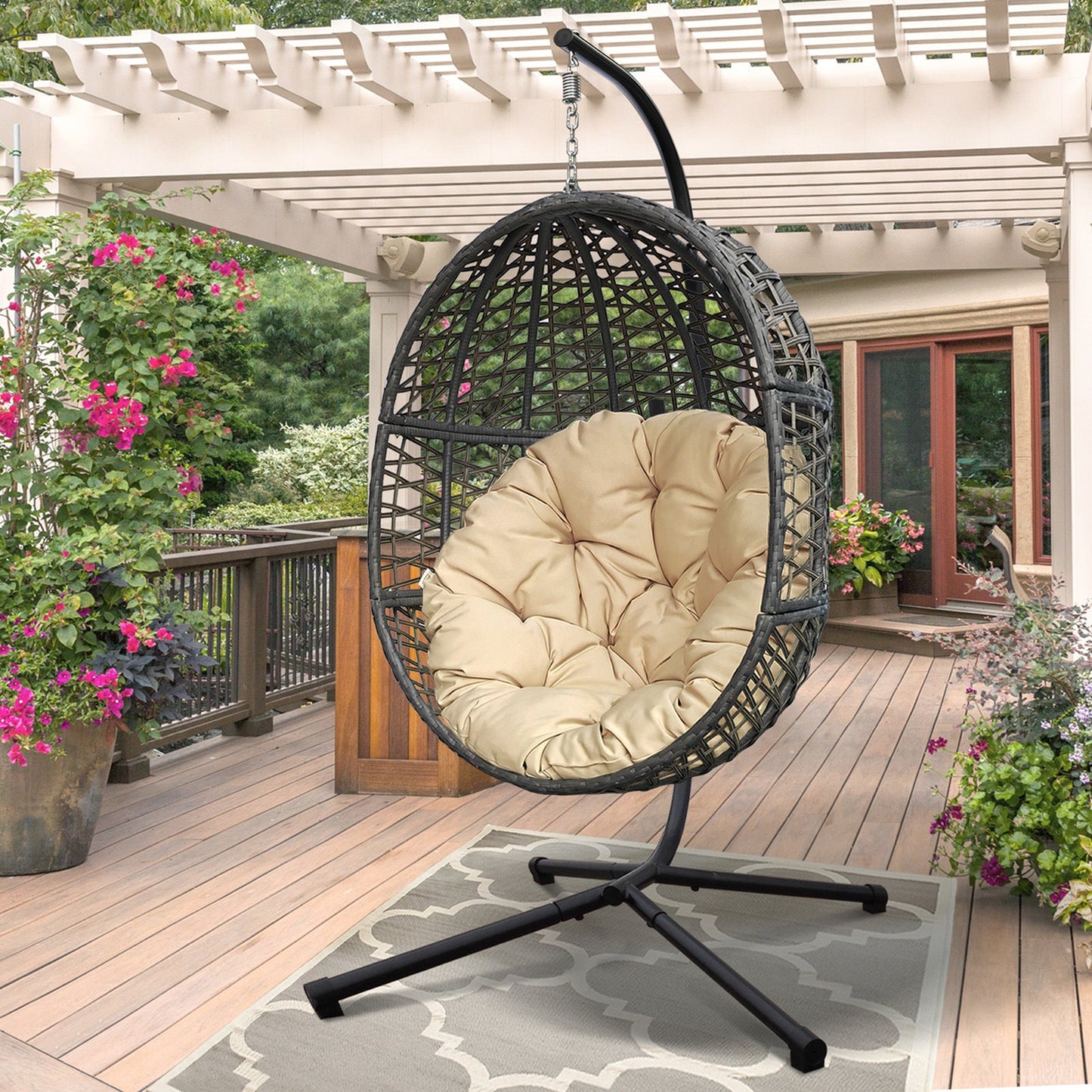 Wicker Hanging Swing Chair; Rattan Hanging Egg Chair With Durable Stand and Waterproof Cushion for Outdoor Garden