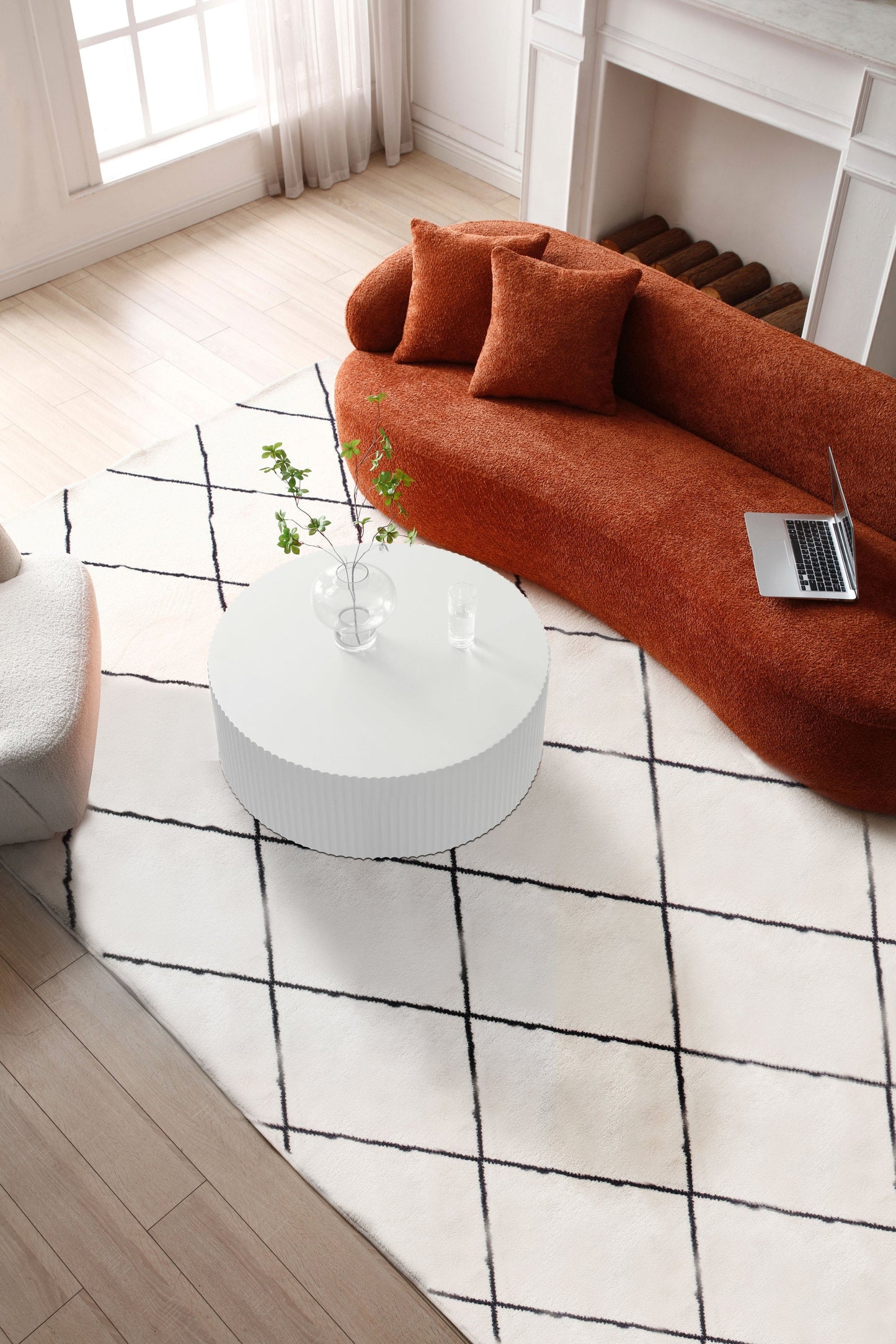 Contemporary Round Coffee Table With Handcrafted Relief, Whtie