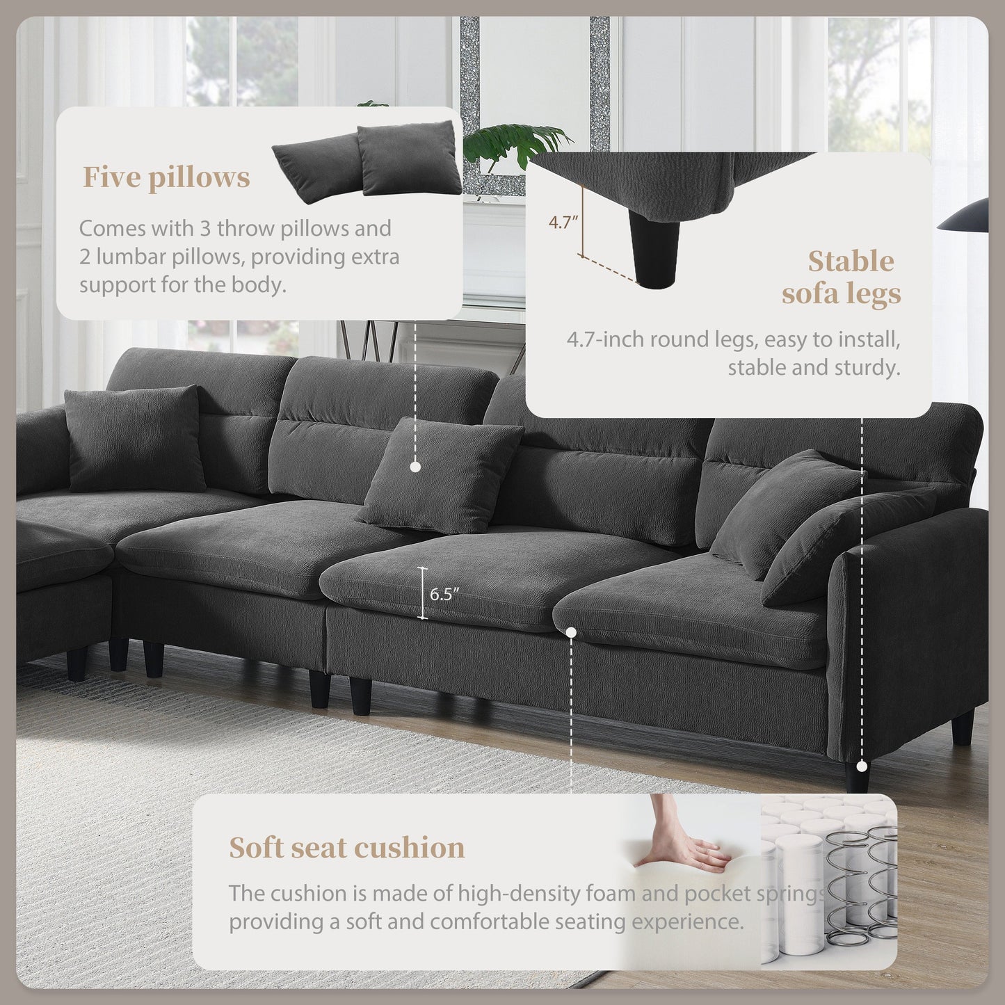 110*62" Modern Convertible Sectional Sofa,L-Shaped Reversible Couch Set With Free Pillows,5 Seat Cloud Chenille Indoor