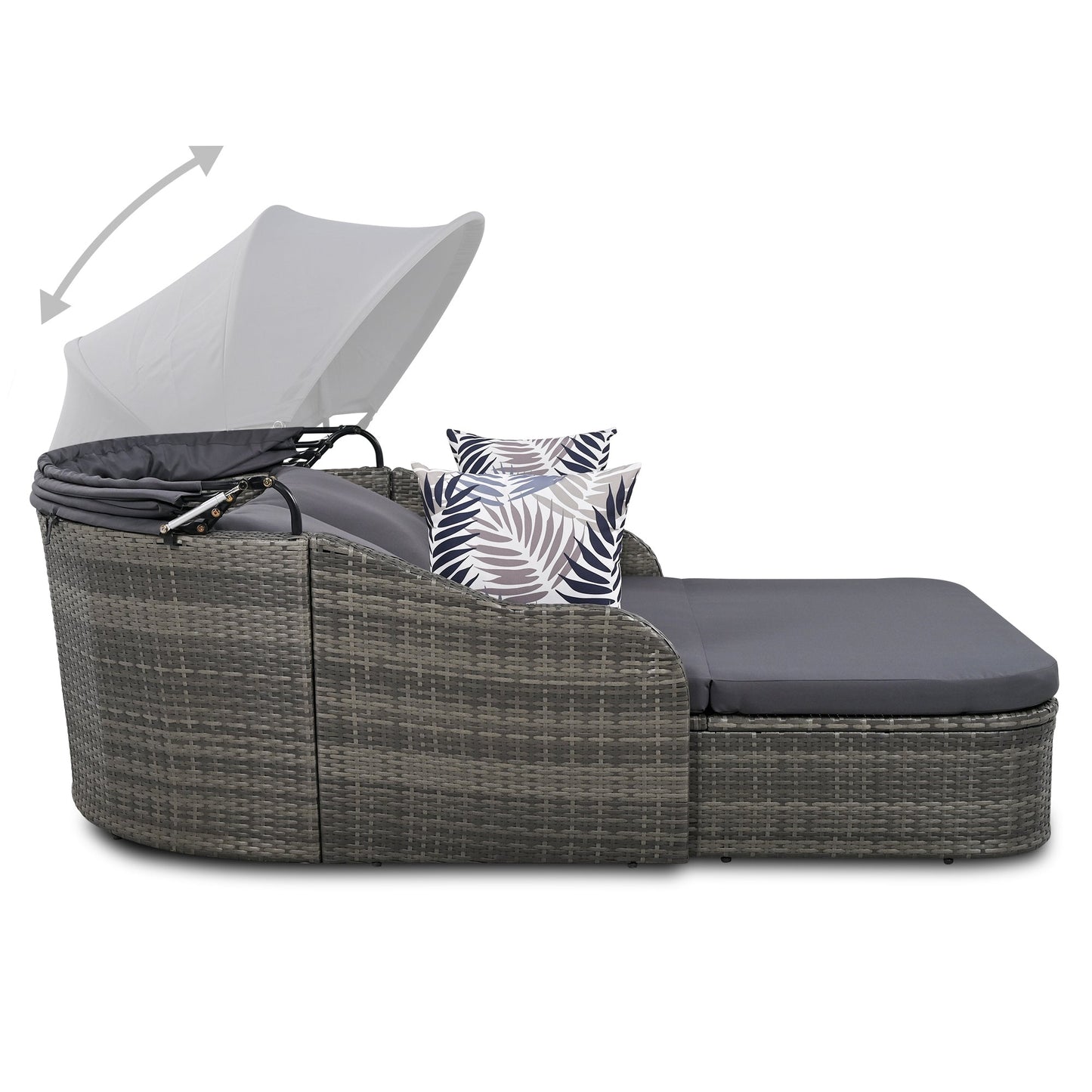 79.9" Outdoor Sunbed With Adjustable Canopy, Double Lounge, PE Rattan Daybed, Gray Wicker and Cushion