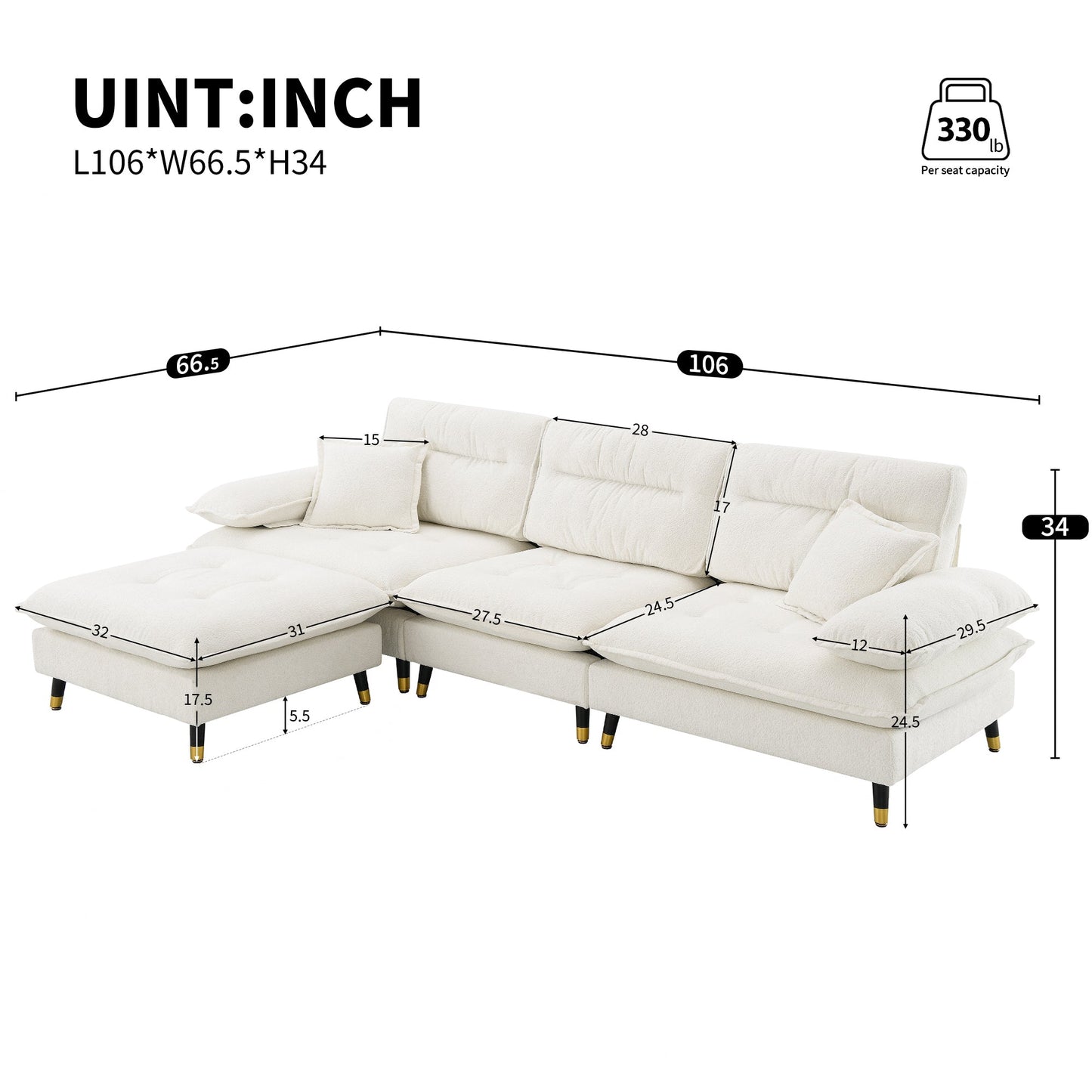 106*66.5" L Shaped Convertible Sectional Sofa,4 Seat Tufted Couch Set With Two-Tone Adjust Legs,Cloud Chenille Fabric