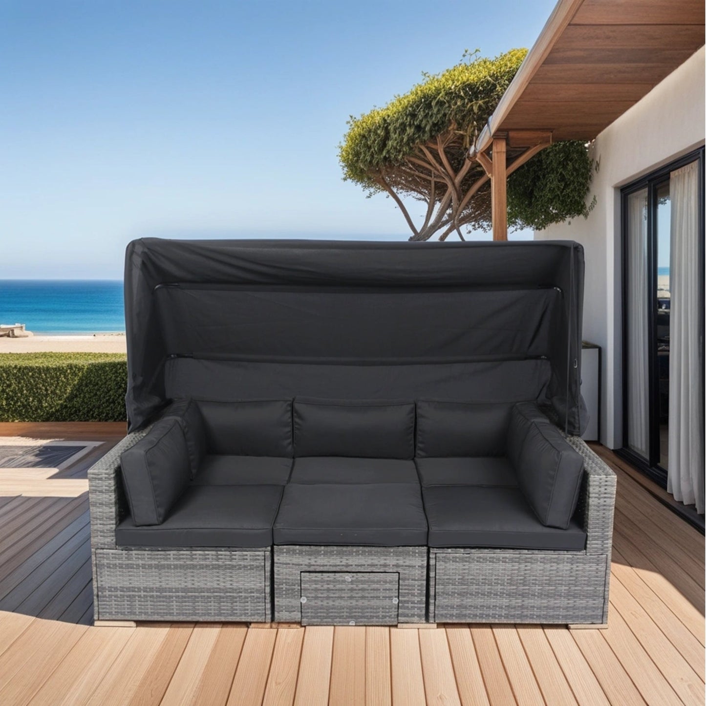7-Piece Patio Furniture Set W/Retractable Canopy Wicker Rattan Sectional Sofa Set Patio Furniture With Washable Cushions