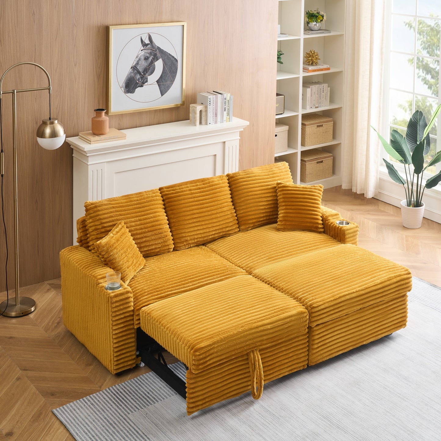 An 80-Inch Foldable and Hidden Chaise Longue Orange Corduroy Sofa With Cup Holders on the Armrests, a Footrest and Storage