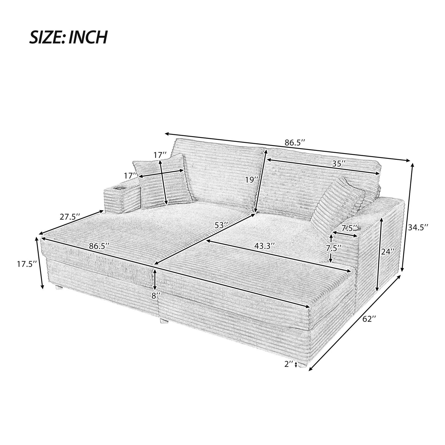 86.5" Oversized Loveseat Chaise Lounge Sectional Sofa Bed Corduroy Sleeper Sofa With Two USB Ports , Two Cup Holders