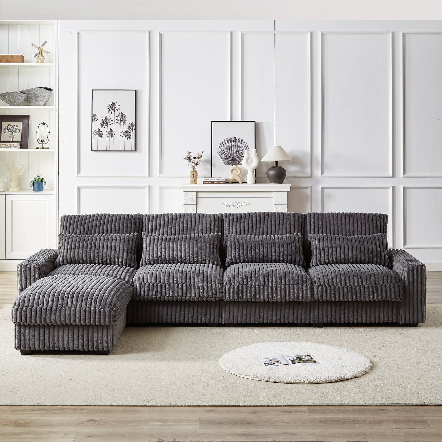 126-Inch Corduroy With Cup Holder Super Large L-Shaped Sofa, Movable Footrest, Four Waist Pillows and Four Back Cushion