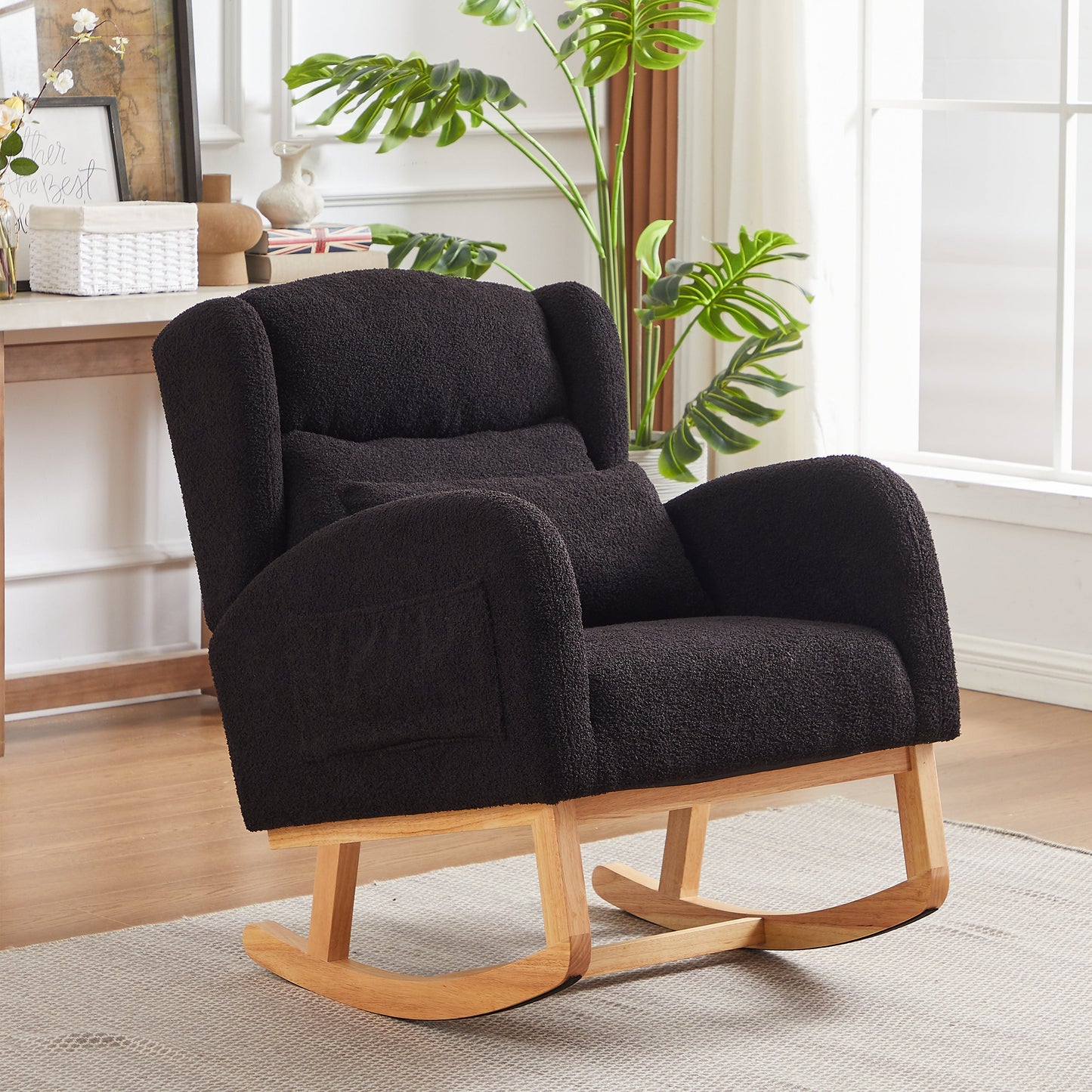 Modern Accent High Backrest Living Room Lounge Arm Rocking Chair, Two Side Pocket