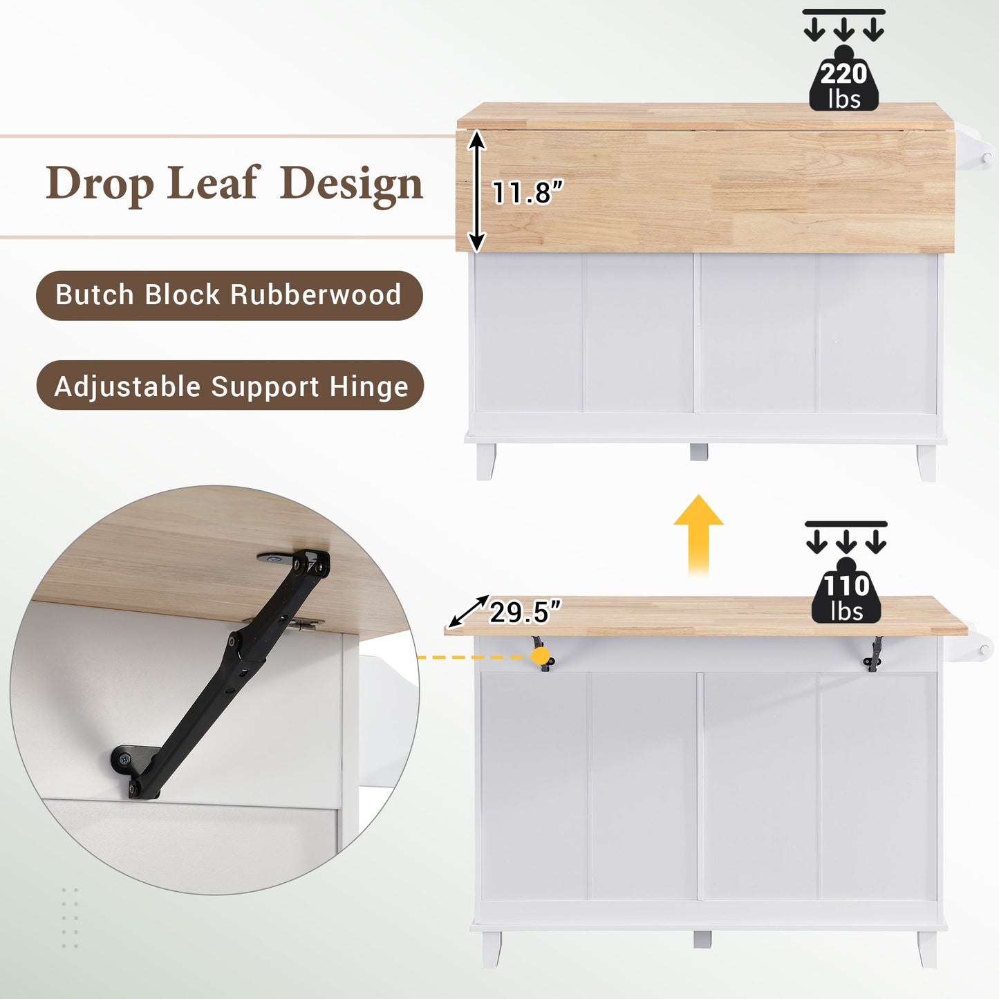 Farmhouse Kitchen Island Set With Drop Leaf and 2 Seatings,Dining Table Set With Storage Cabinet, Drawers and Towel Rack