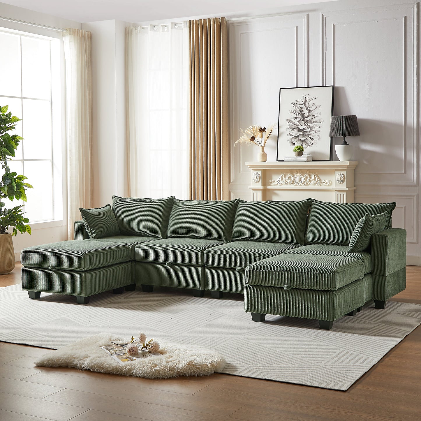 113.5'' Modular Sectiona Corduroy Sofa, Sectional Couches for Living Room U Shaped Sectional Couch With Storage Ottoman