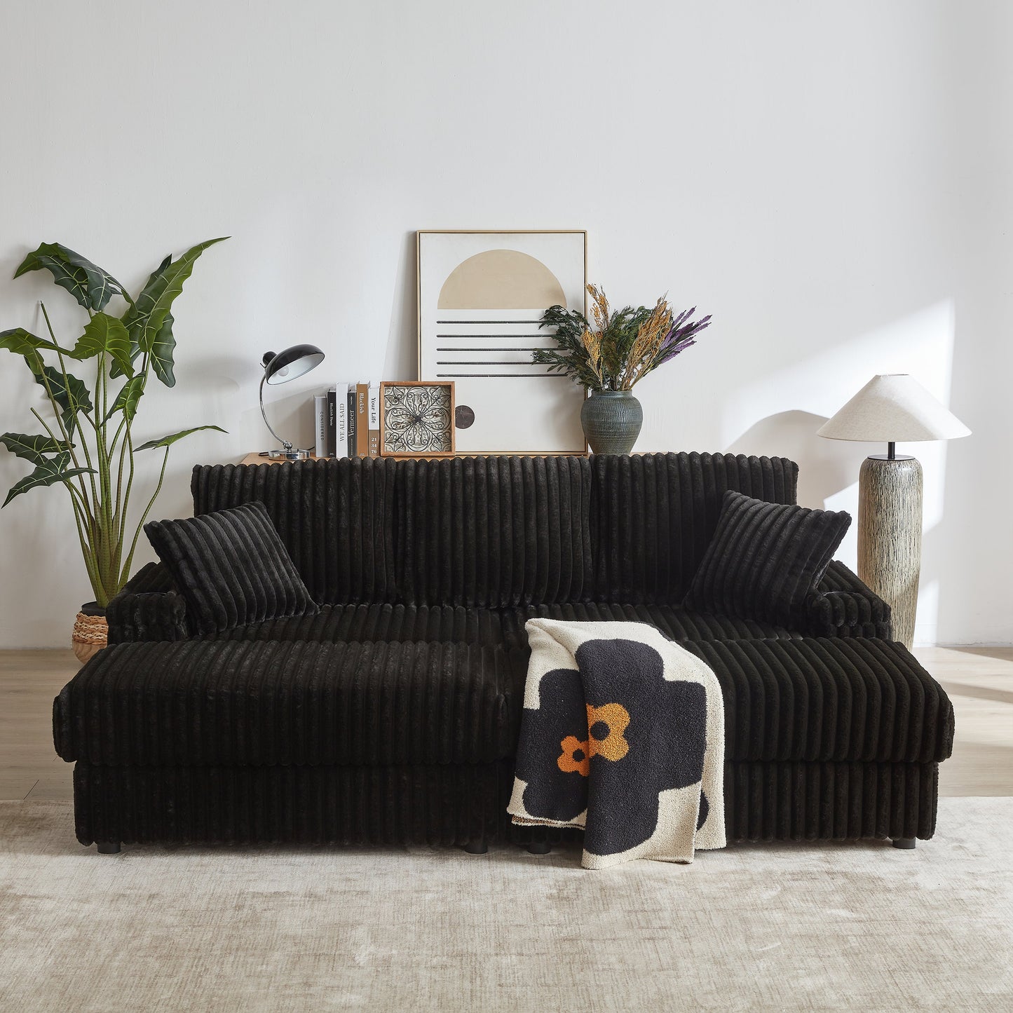 84Inch Corduroy 3-Seater Sofa With 3 Back Pillows ,2 Toss Pillows , a Ottoman ,2storage Spaces and Cup-Holding Grooves