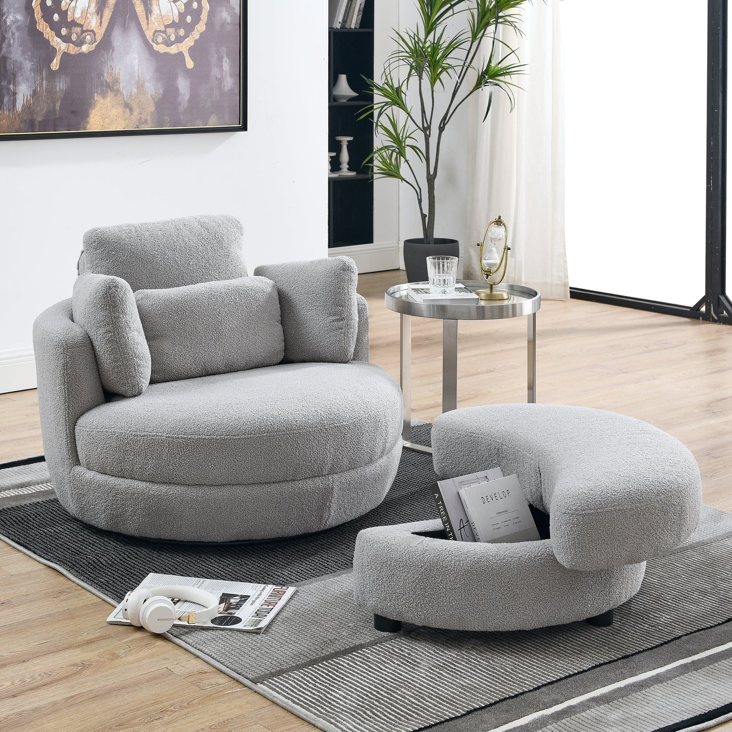 39"W Oversized Swivel Chair With Moon Storage Ottoman for Living Room, Modern Accent Round Loveseat Circle