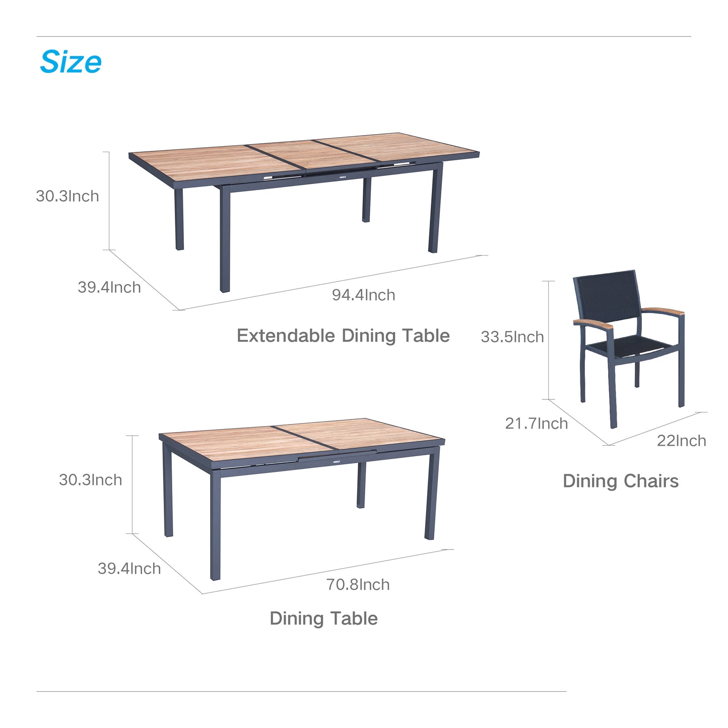 HIGOLD Heck 8+1 Pieces Teak Aluminum Outdoor Dining Set for 8 Person, Extendable Table and Stackable Chair, Charcoal Black